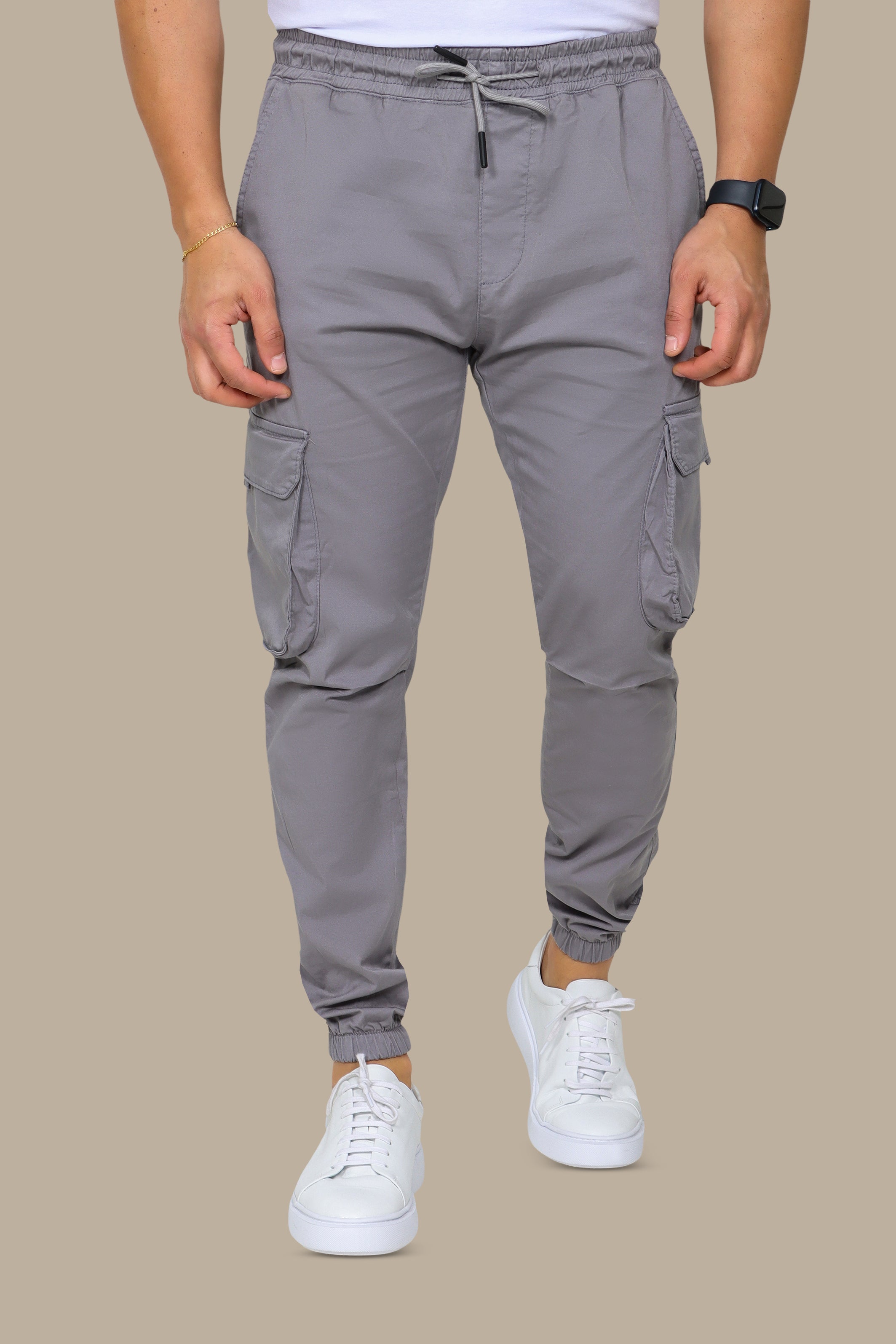 Grey Cargo Pants with Elastic Band