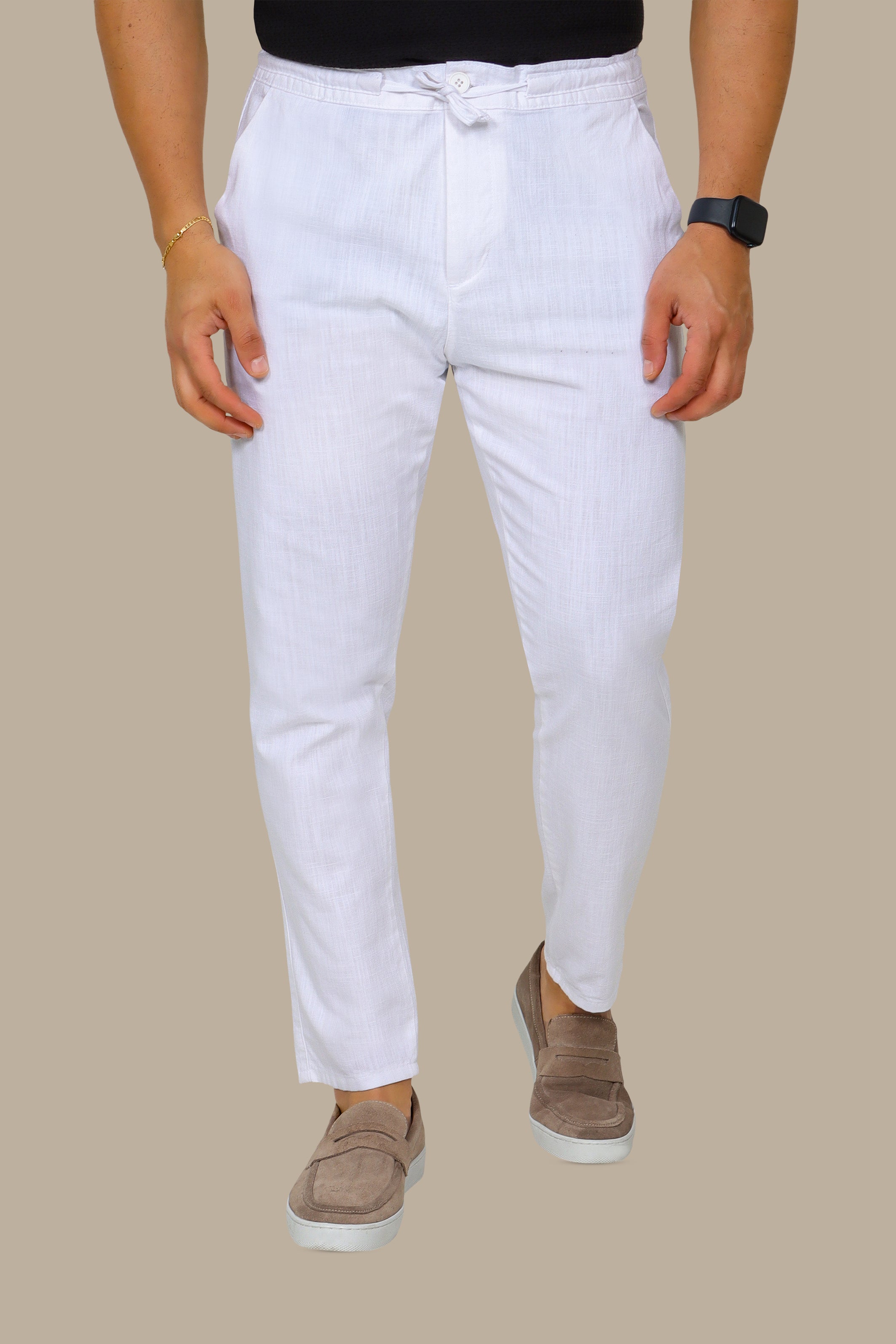 Ivory Breeze: White Linen Fil a Fil Pants