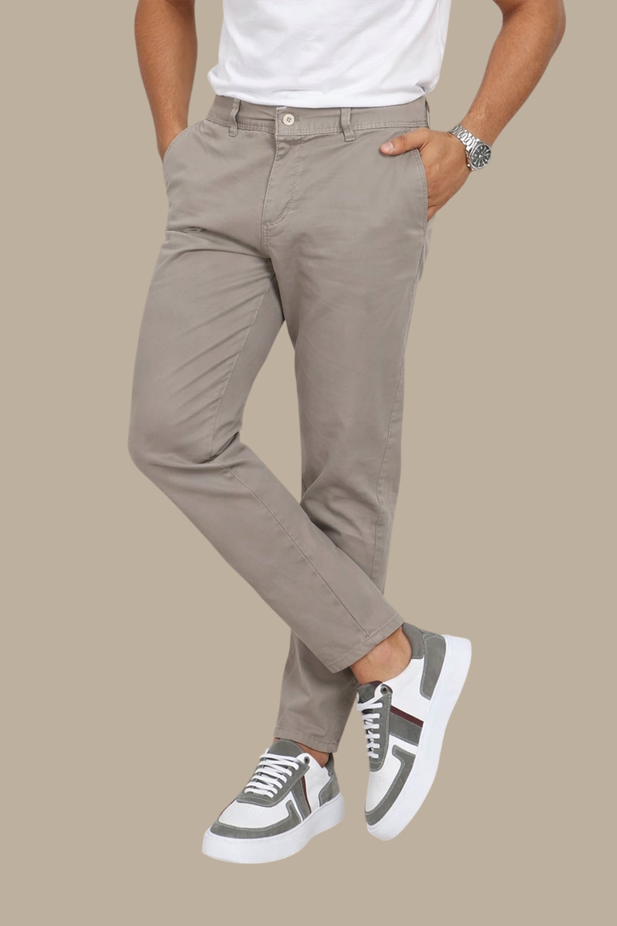 Beige Chino Plain Pants