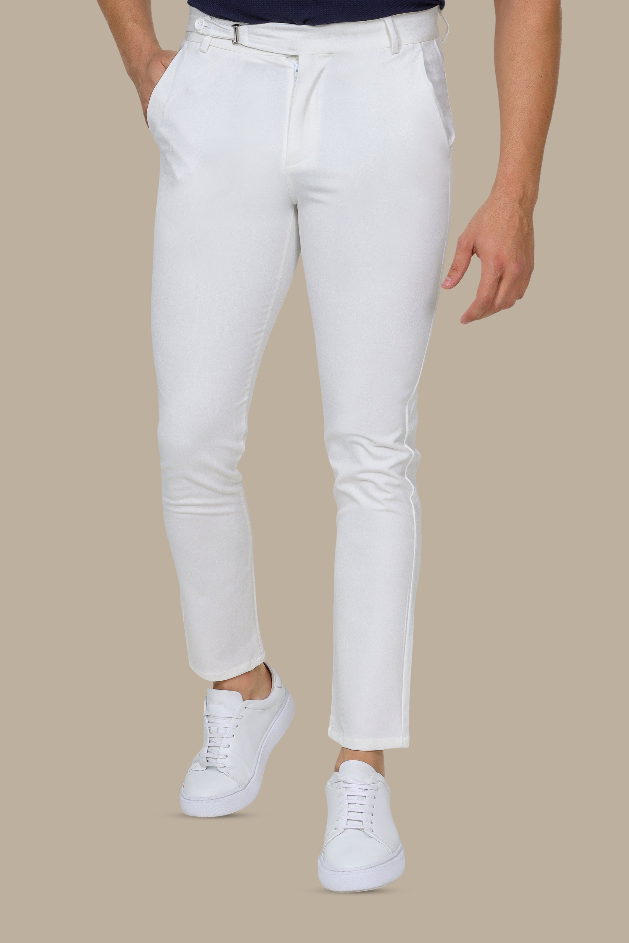 Slim Fit White Pants with Side Buttons