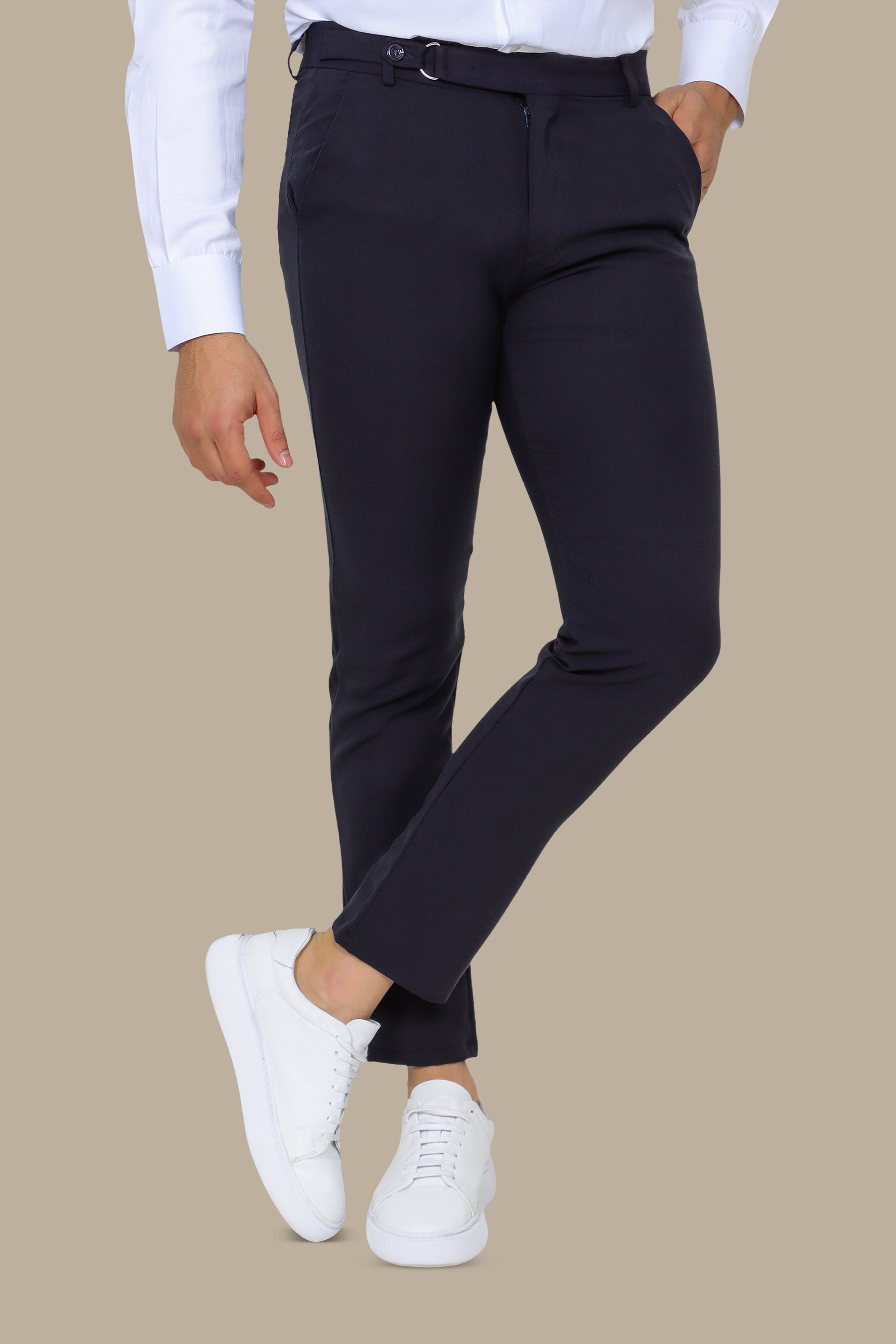 Slim Fit Navy Pants with Side Buttons