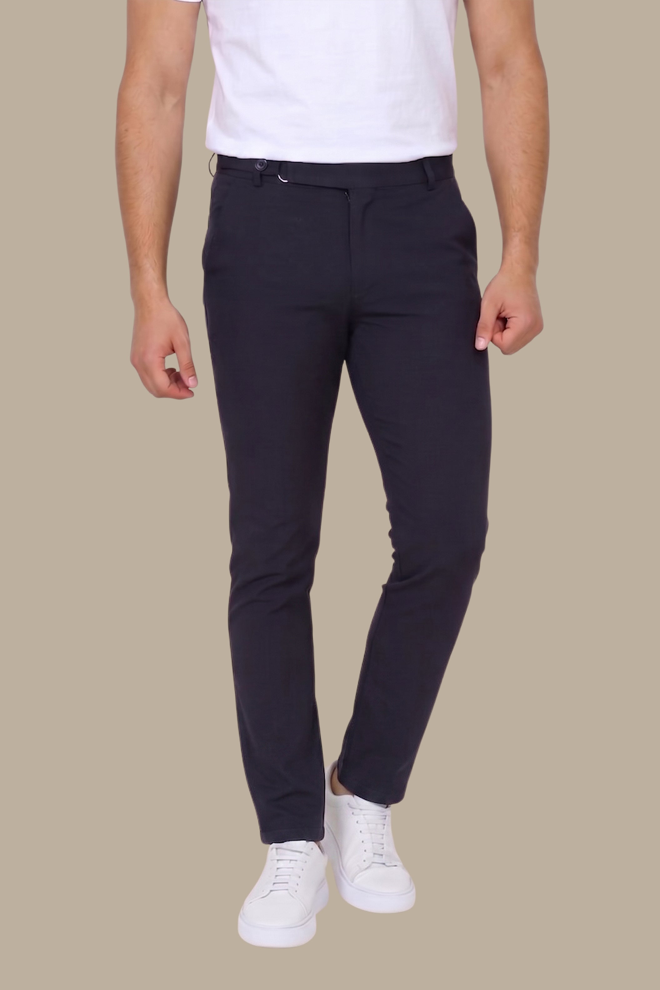 Slim Fit Navy Pants with Side Buttons