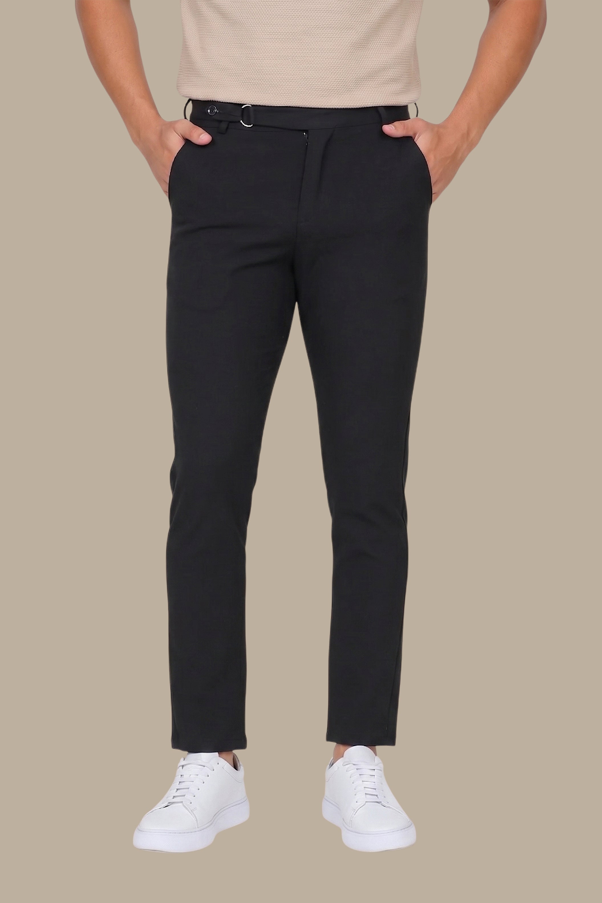 Slim Fit Black Pants with Side Buttons