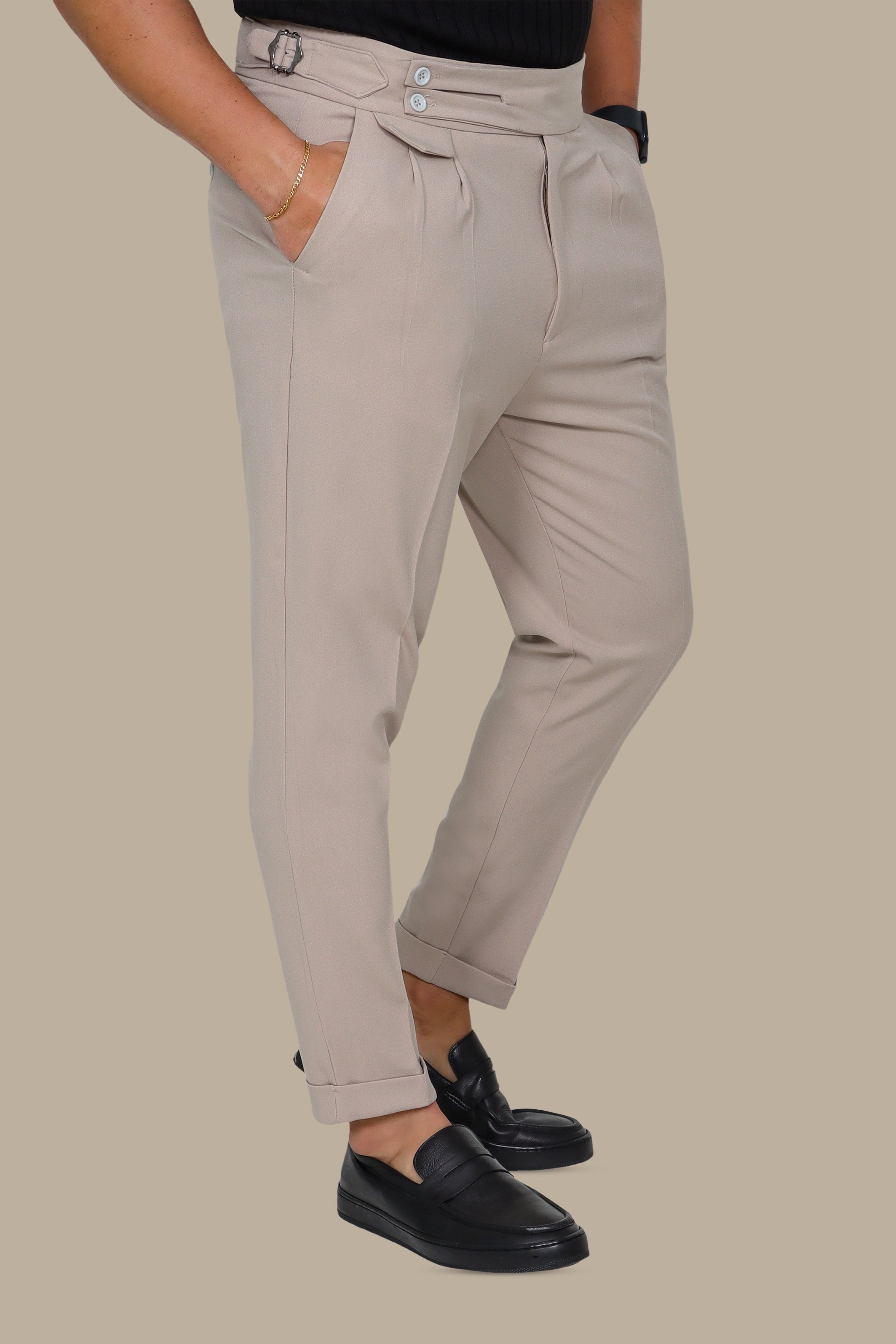 Light Beige Pants with Double Belt and Side Buttons