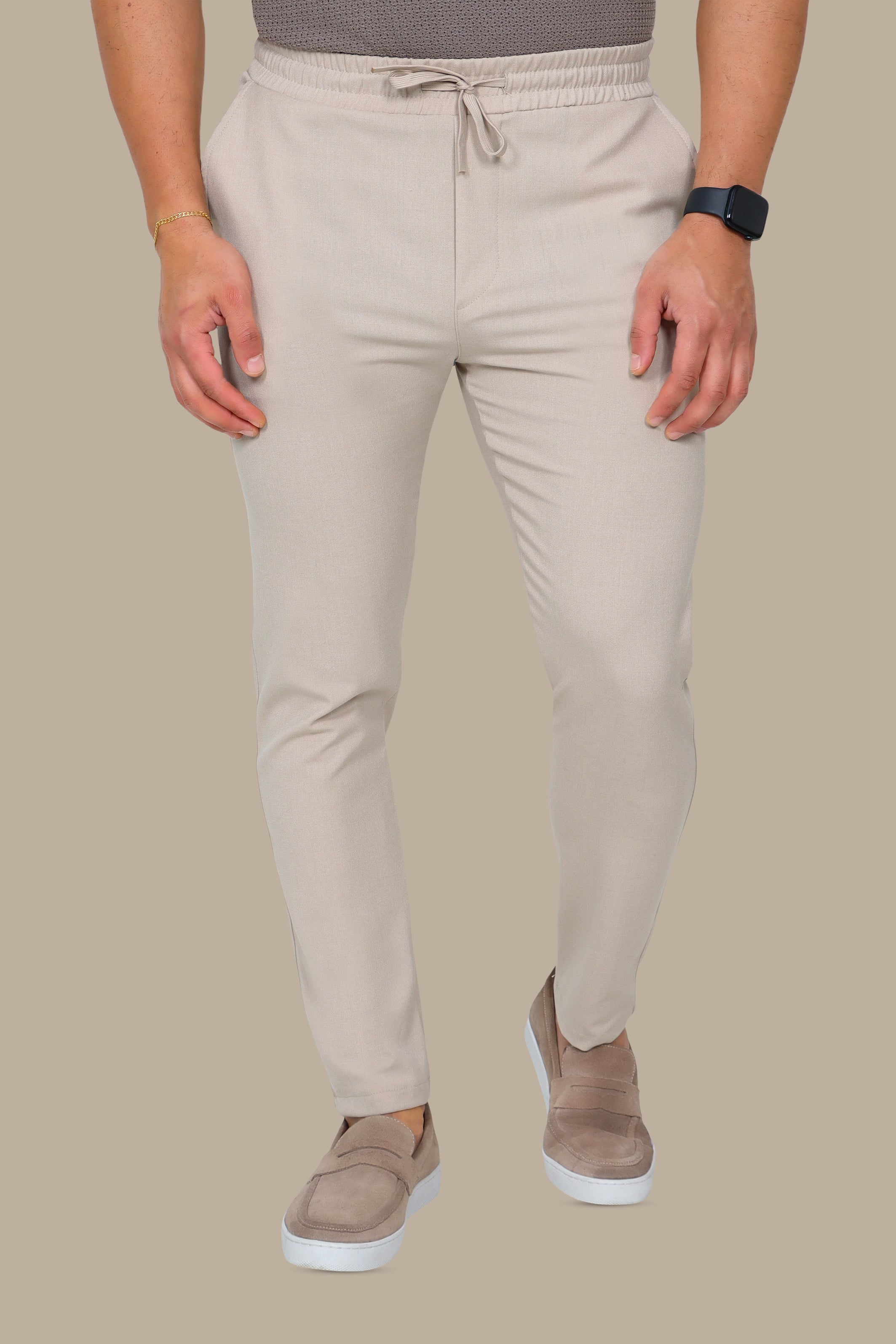 Beige Regular-Cut Fashion Trousers with Lycra