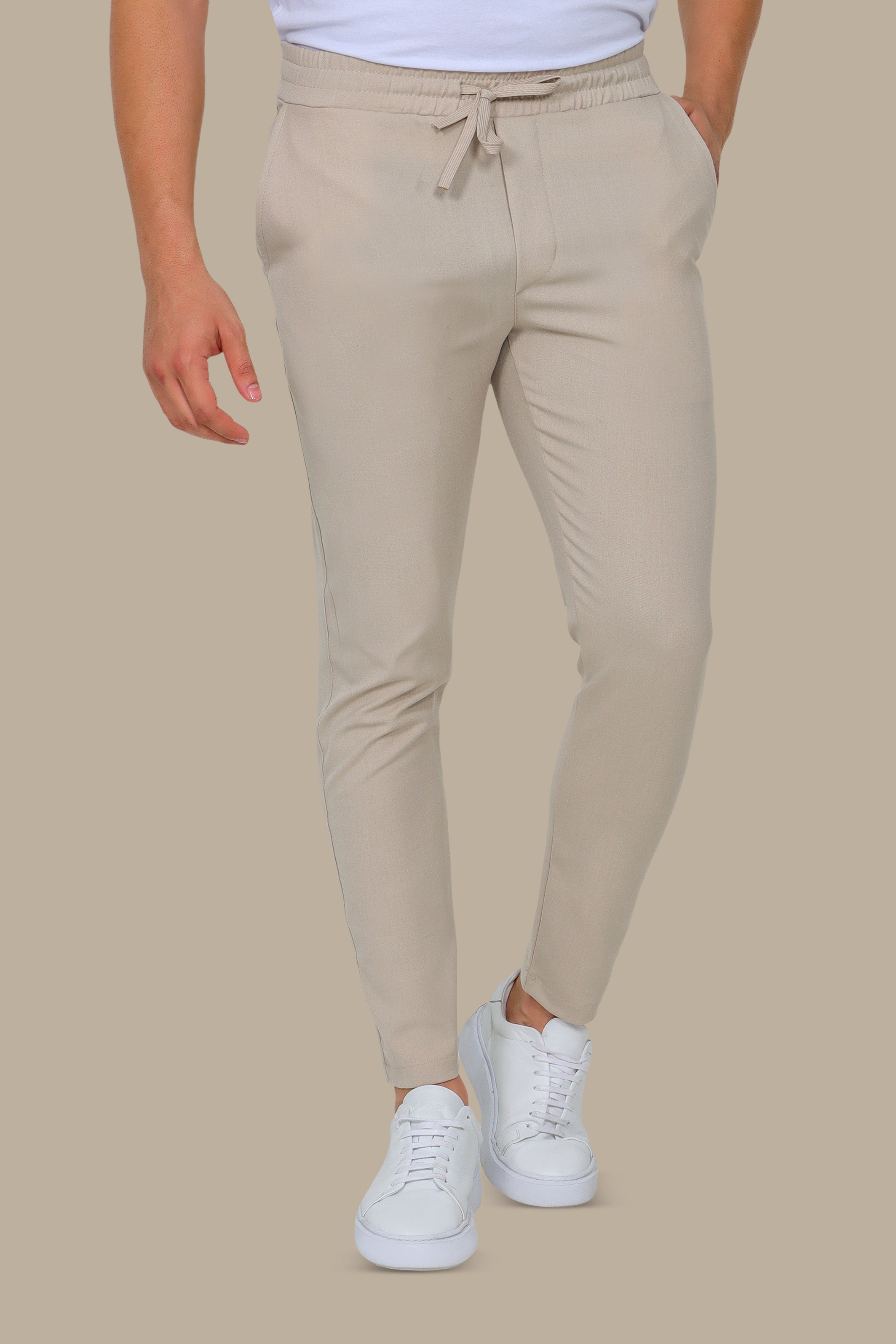 Beige Regular-Cut Fashion Trousers with Lycra