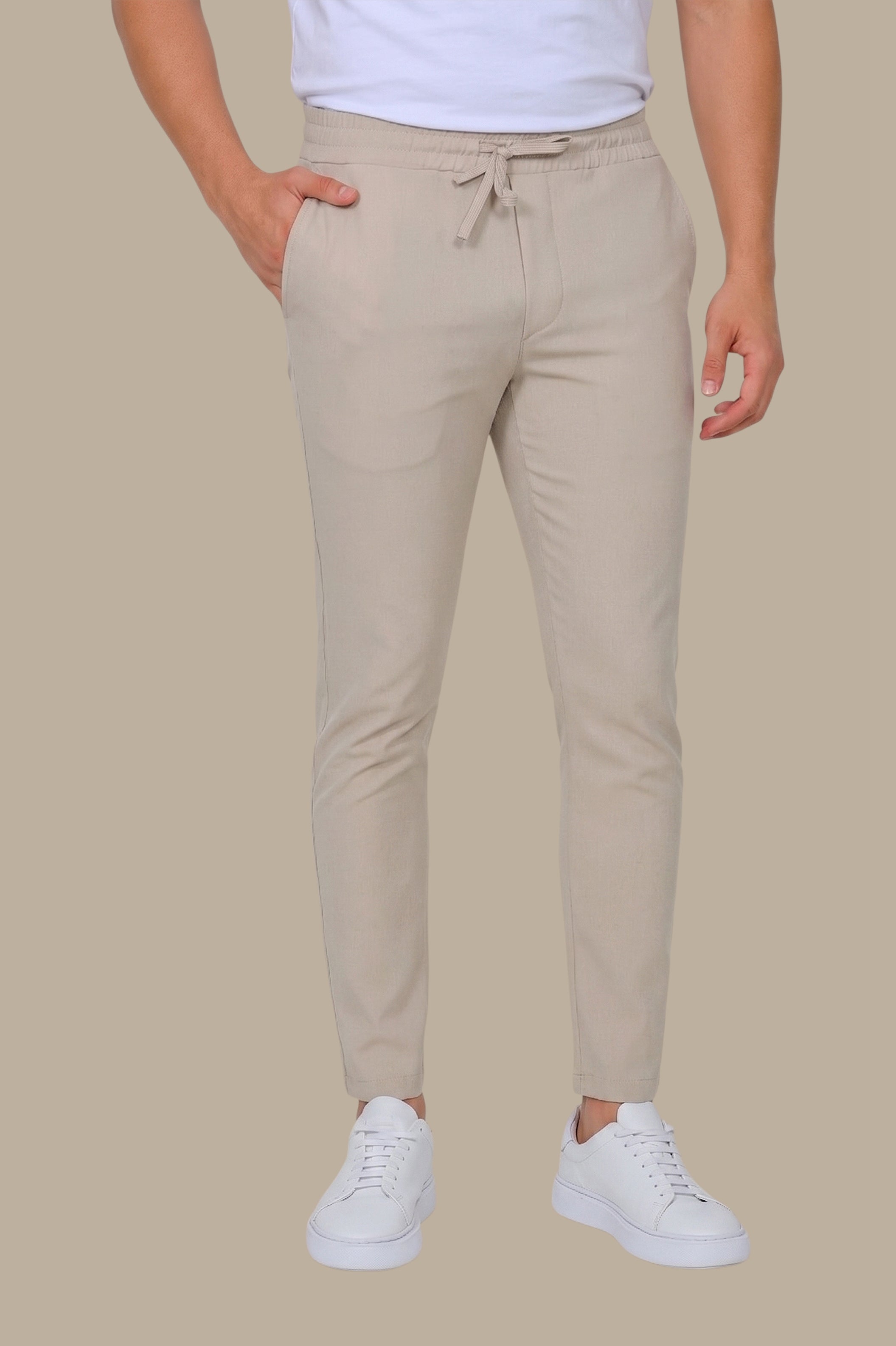 Beige Regular-Cut Fashion Trousers with Lycra
