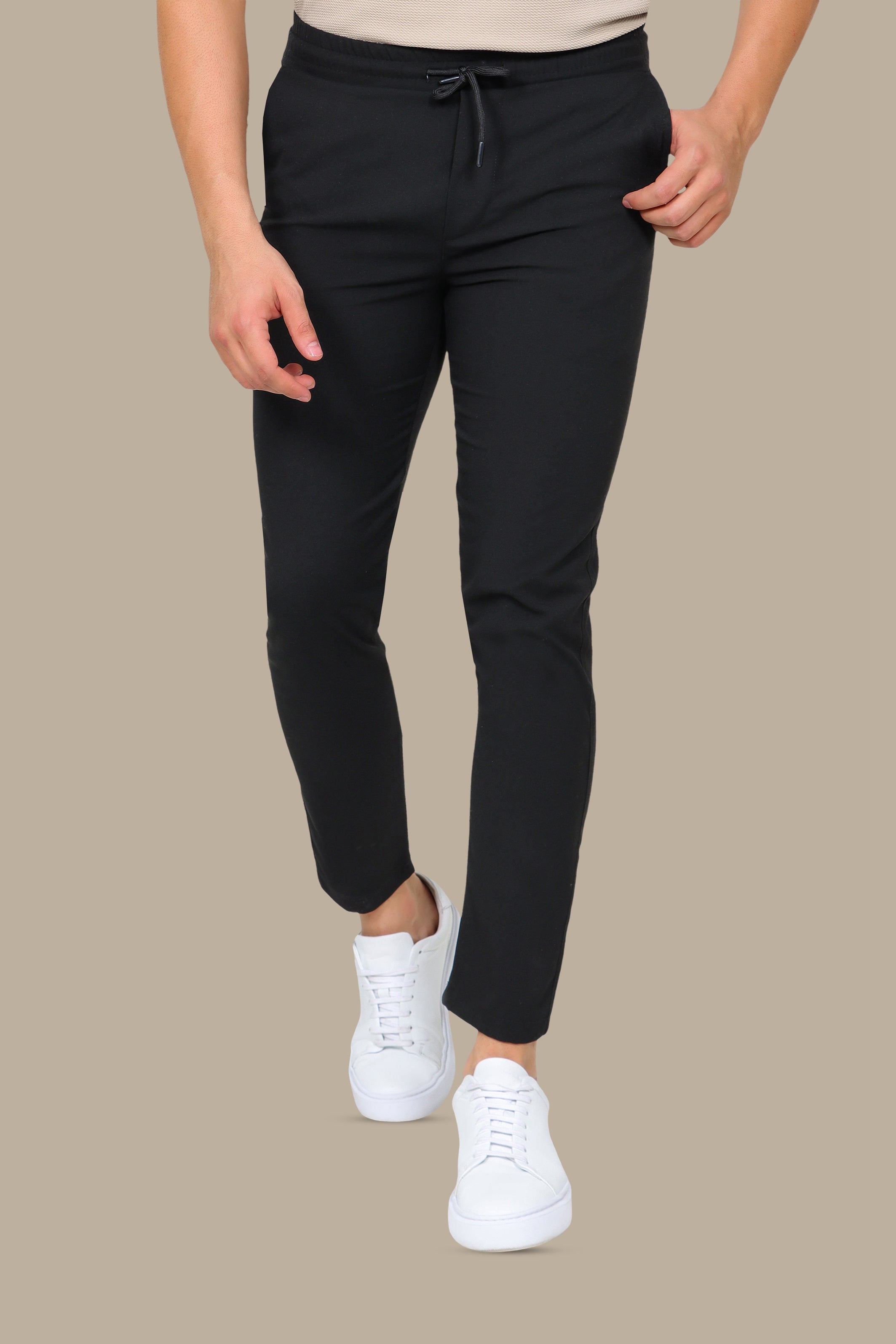 Slim Fit Black Fashion Trousers with Elastic Waist