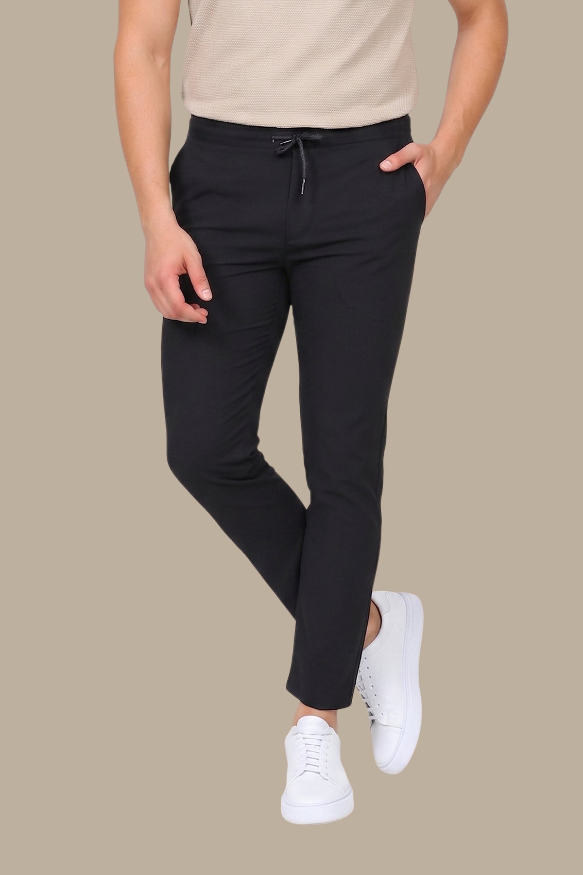 Slim Fit Black Fashion Trousers with Elastic Waist