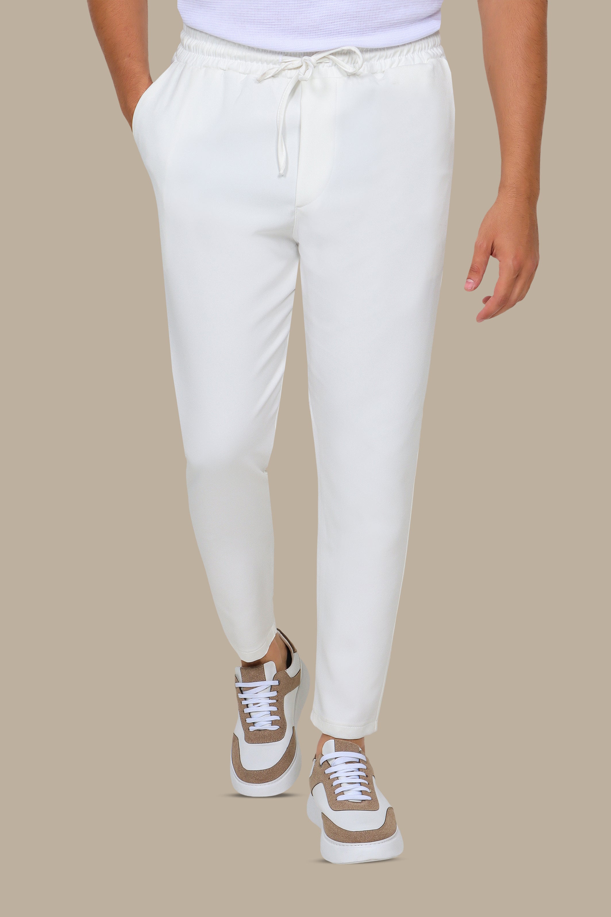 Chic Comfort: Elastic Waist Boyfriend Trousers in White