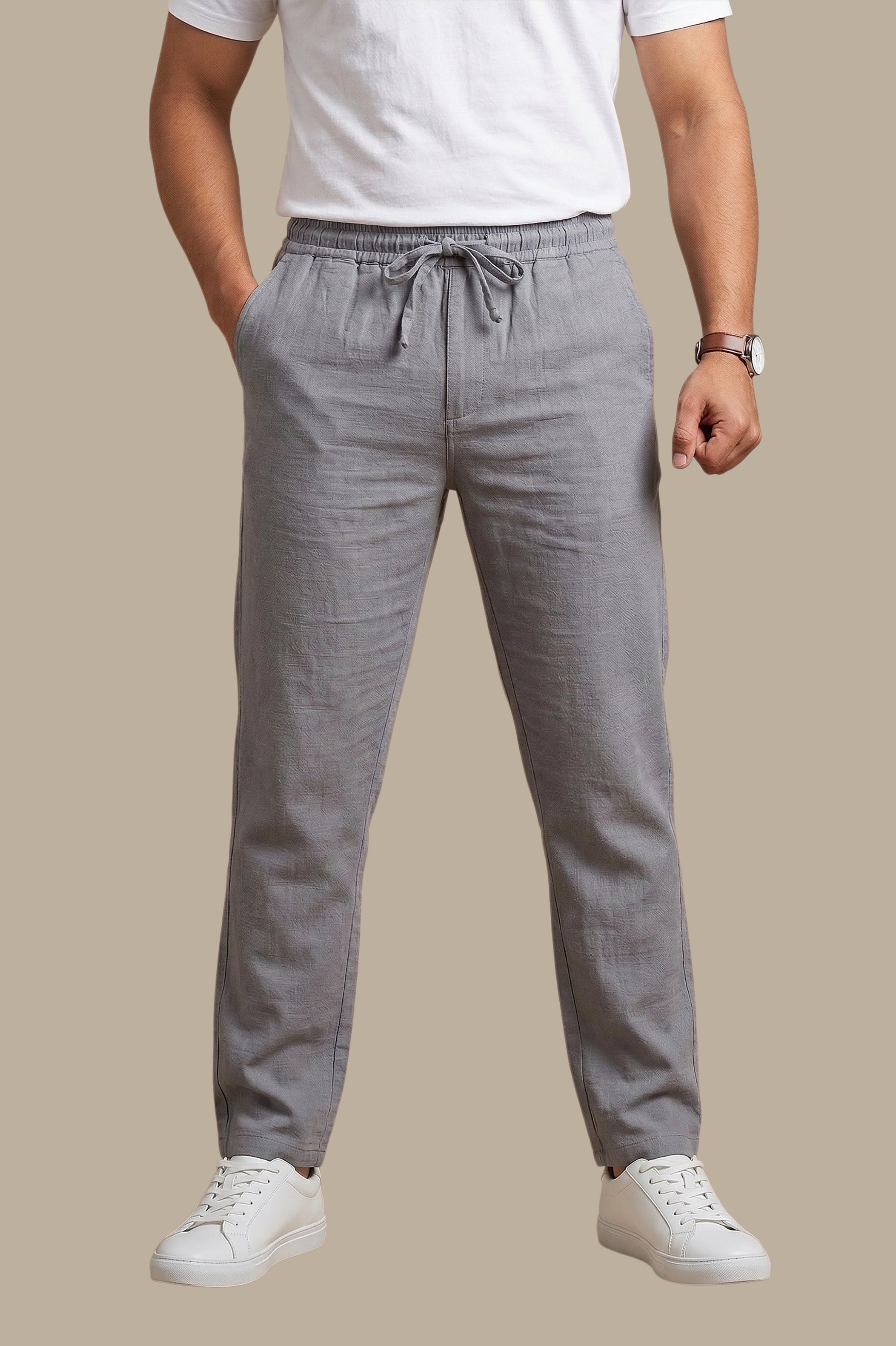 Grey Regular Fit Linen Pants