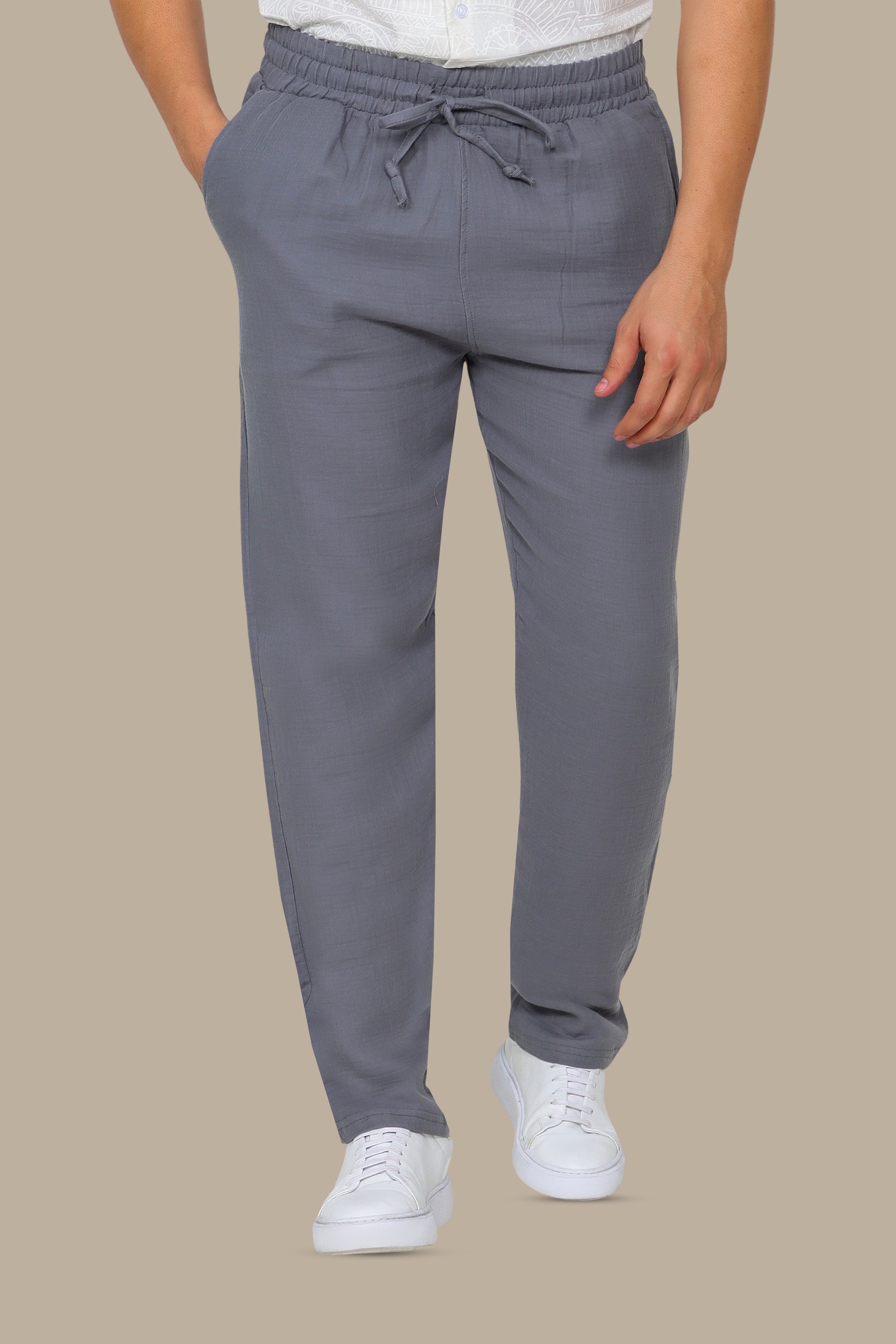Grey Regular Fit Linen Pants