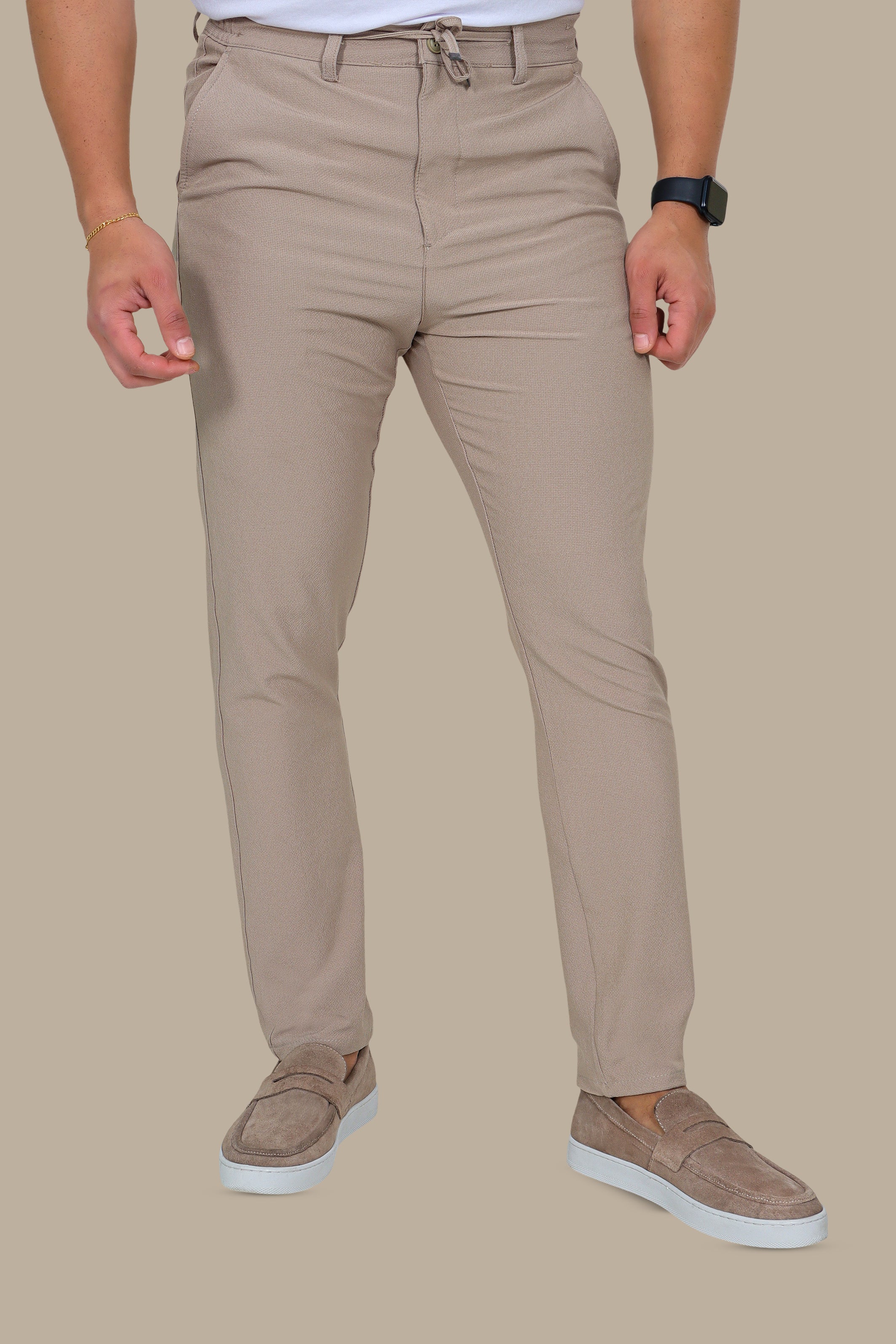 Effortless Style: Elastic Waist Slim Fit Trousers in Beige