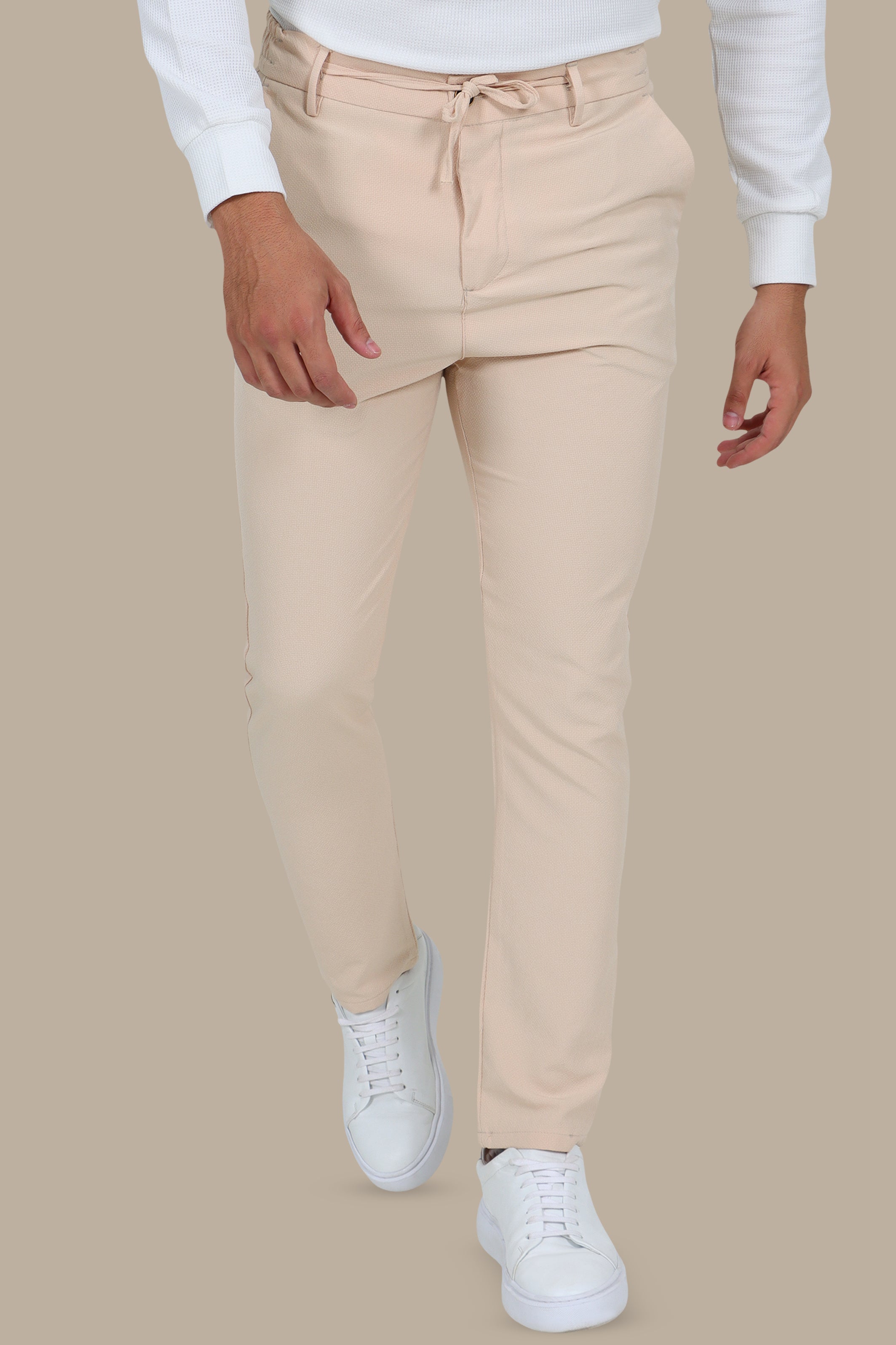 Effortless Style: Elastic Waist Slim Fit Trousers in Beige