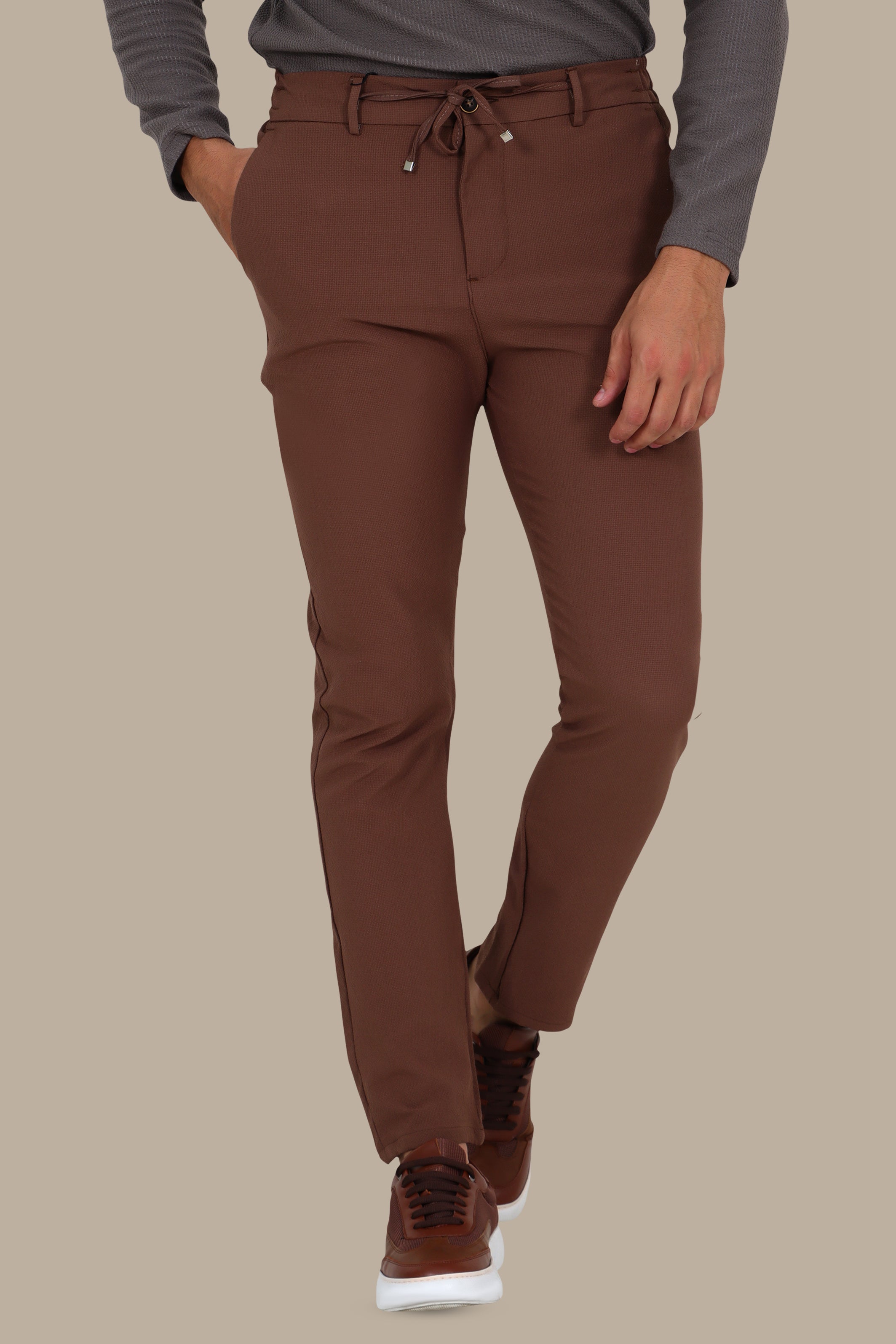 Brown Slim-Fit Trouser with Elastic Waist
