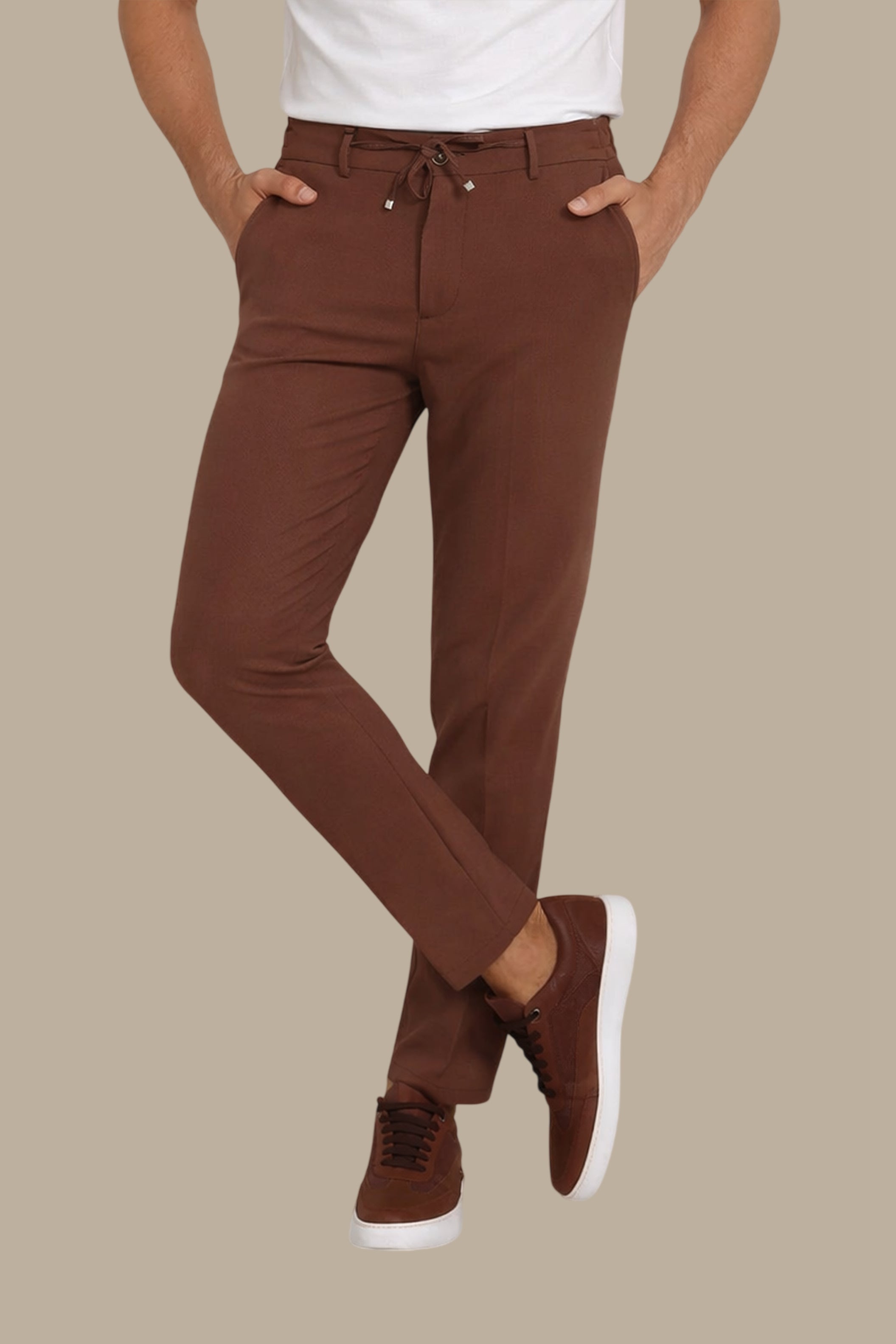 Brown Slim-Fit Trouser with Elastic Waist