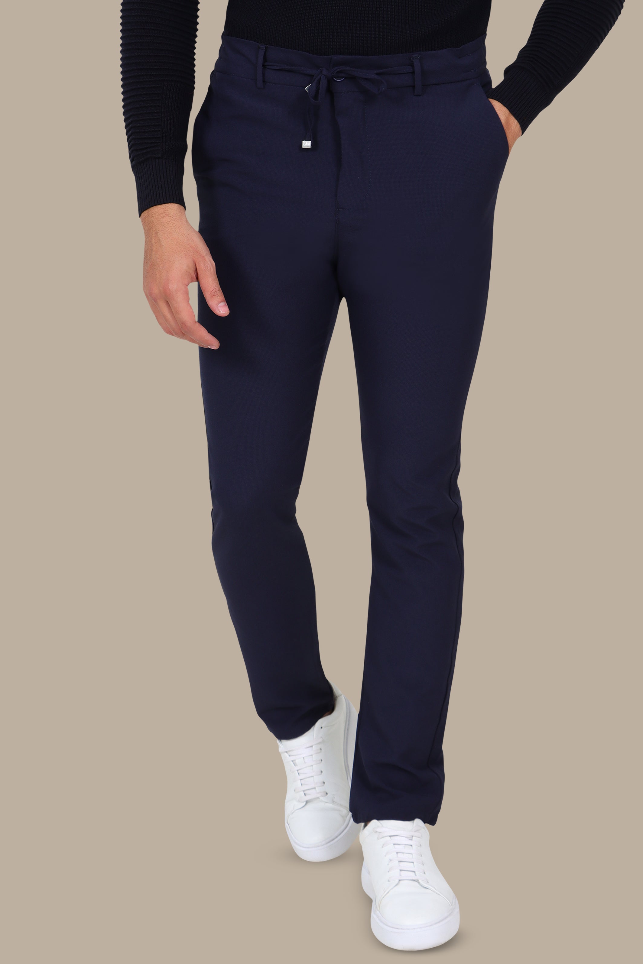 Navy Cidem Slim Fit Trousers with Elastic Waist
