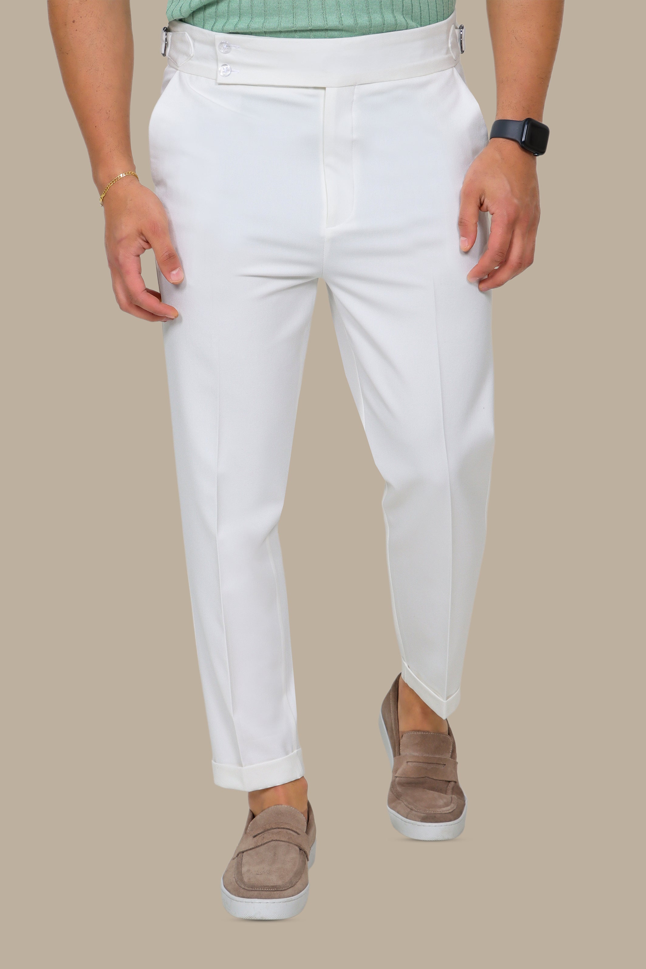White Slim Fit Pants with Wide Waist Double Button