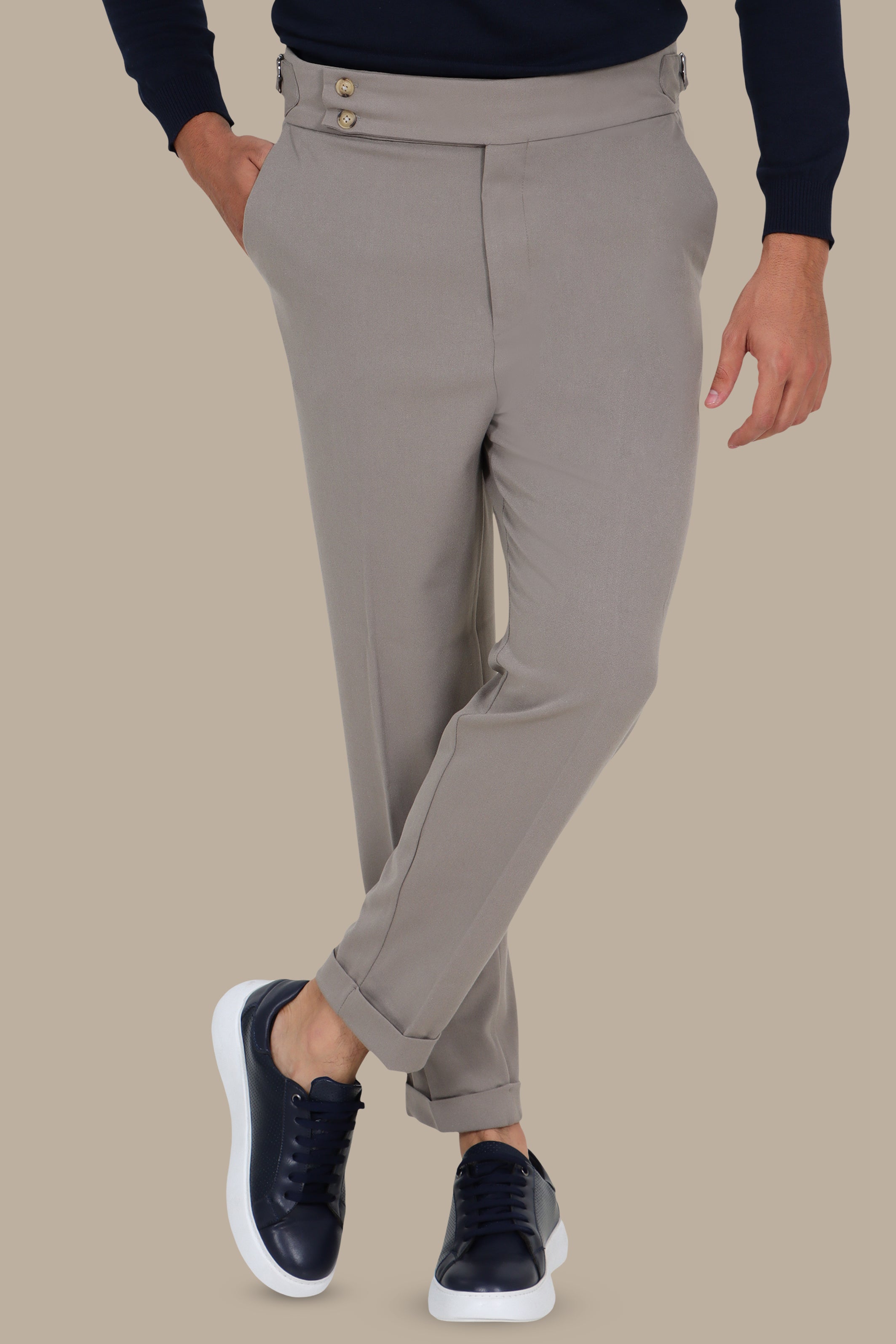 Beige Slim-Fit Pants – Wide Waist with Double Button