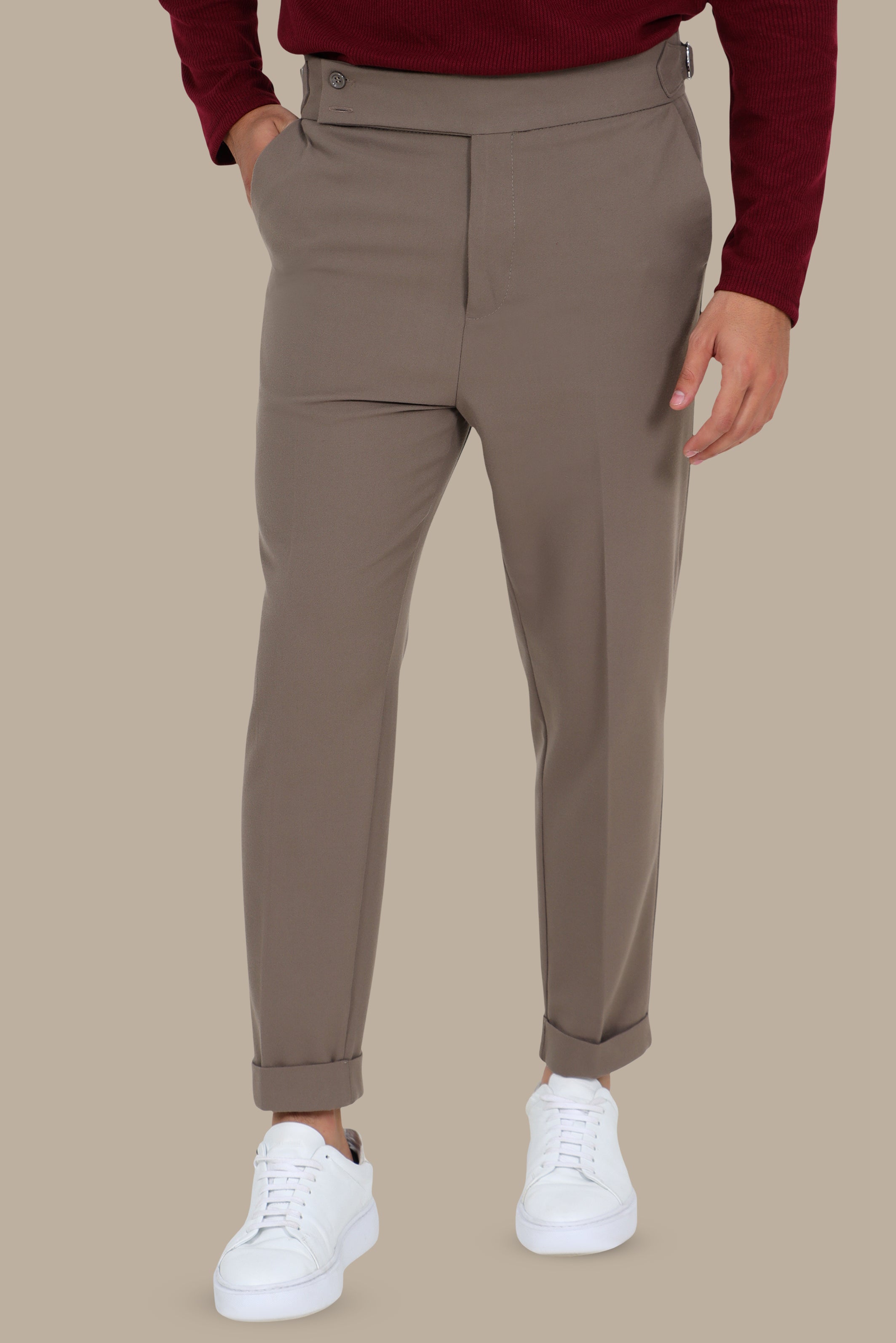 Mocha Slim-Fit Pants – Wide Waist with Double Button