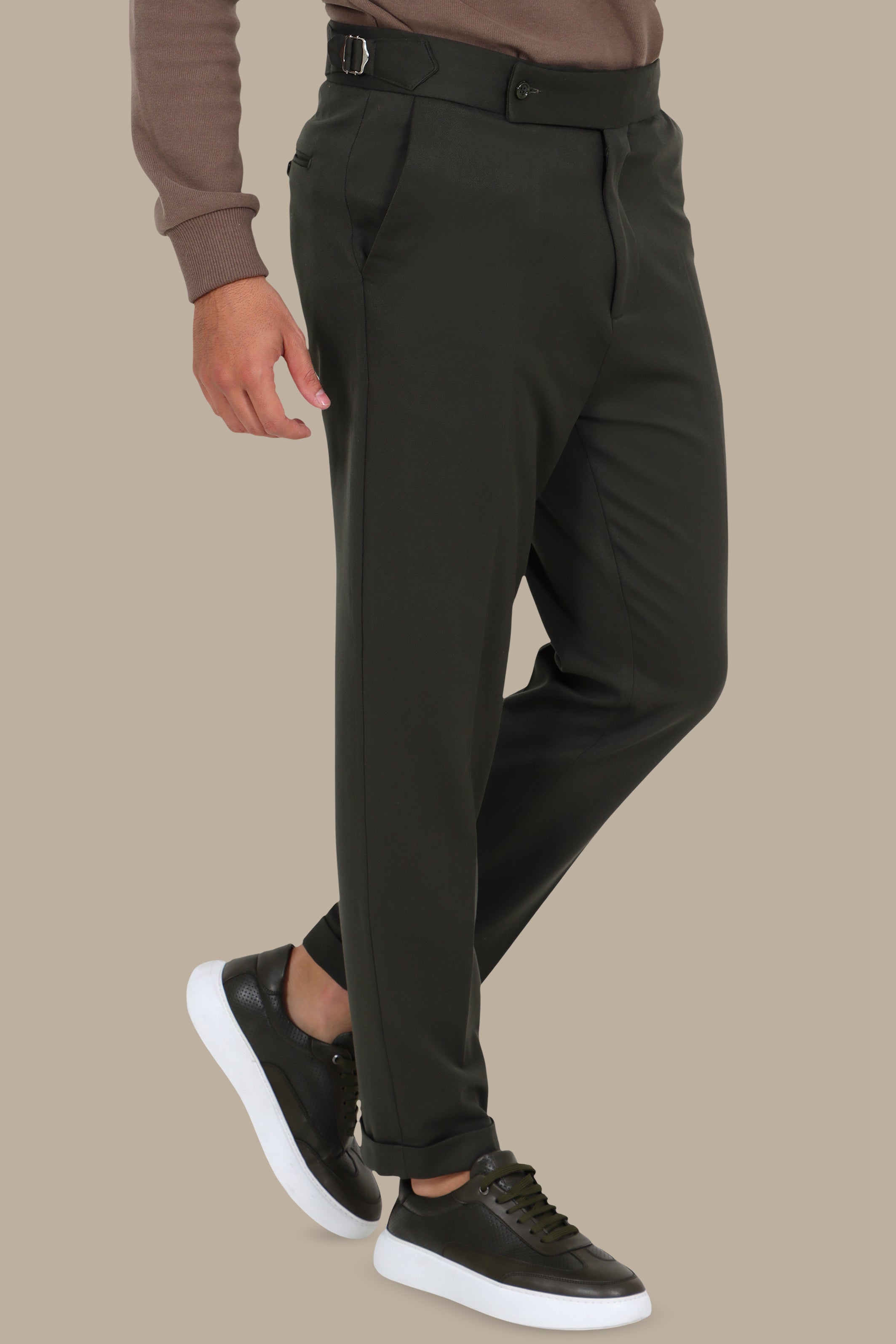 Green Slim-Fit Pants – Wide Waist with Double Button