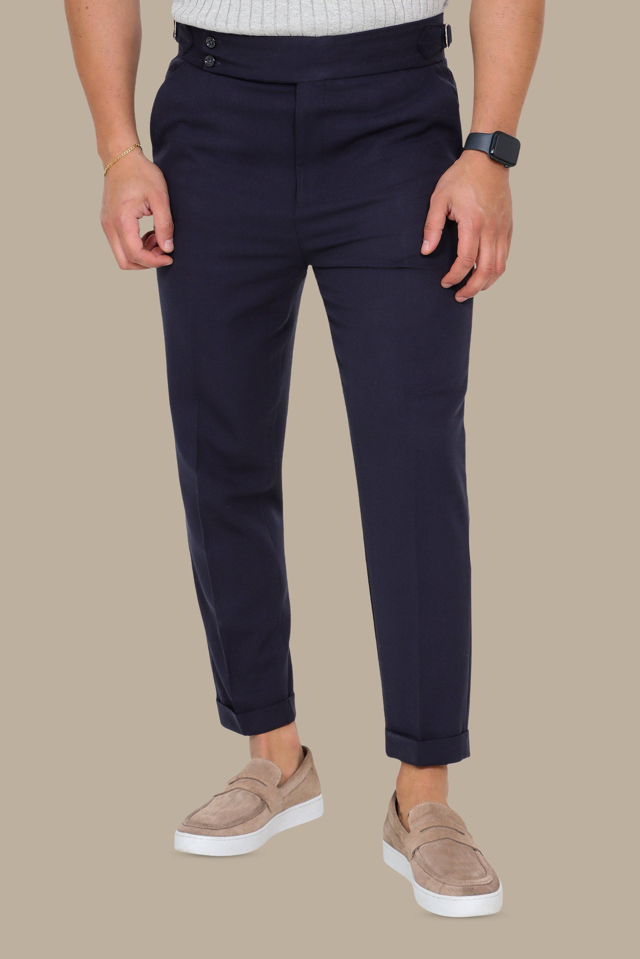 Navy Slim-Fit Pants with Wide Waistband and Double Button