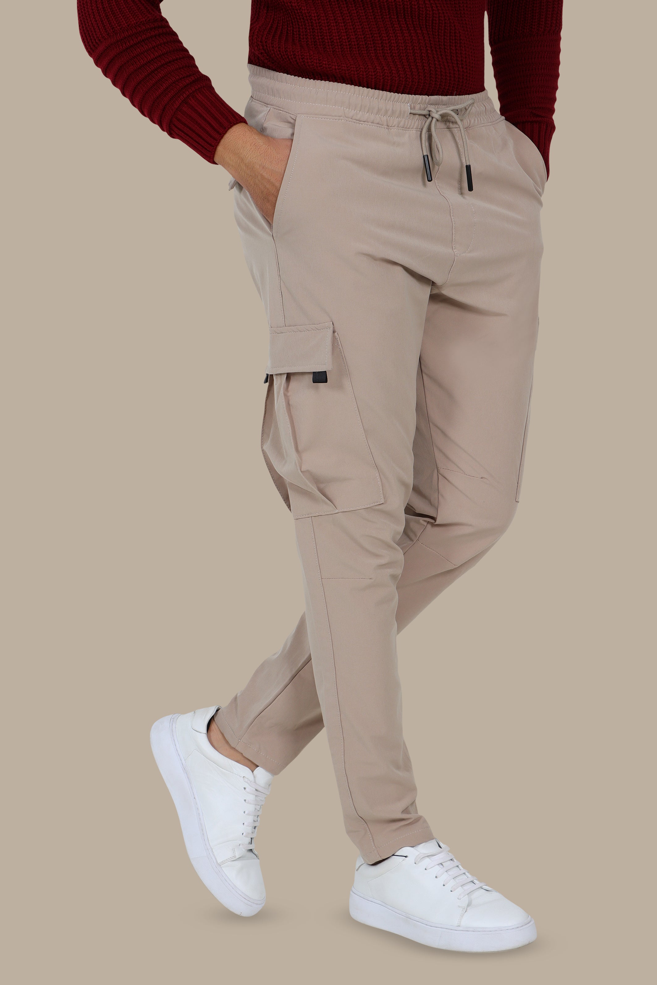 Light Beige Slim Fit Cargo Pants in Parachute Fabric
