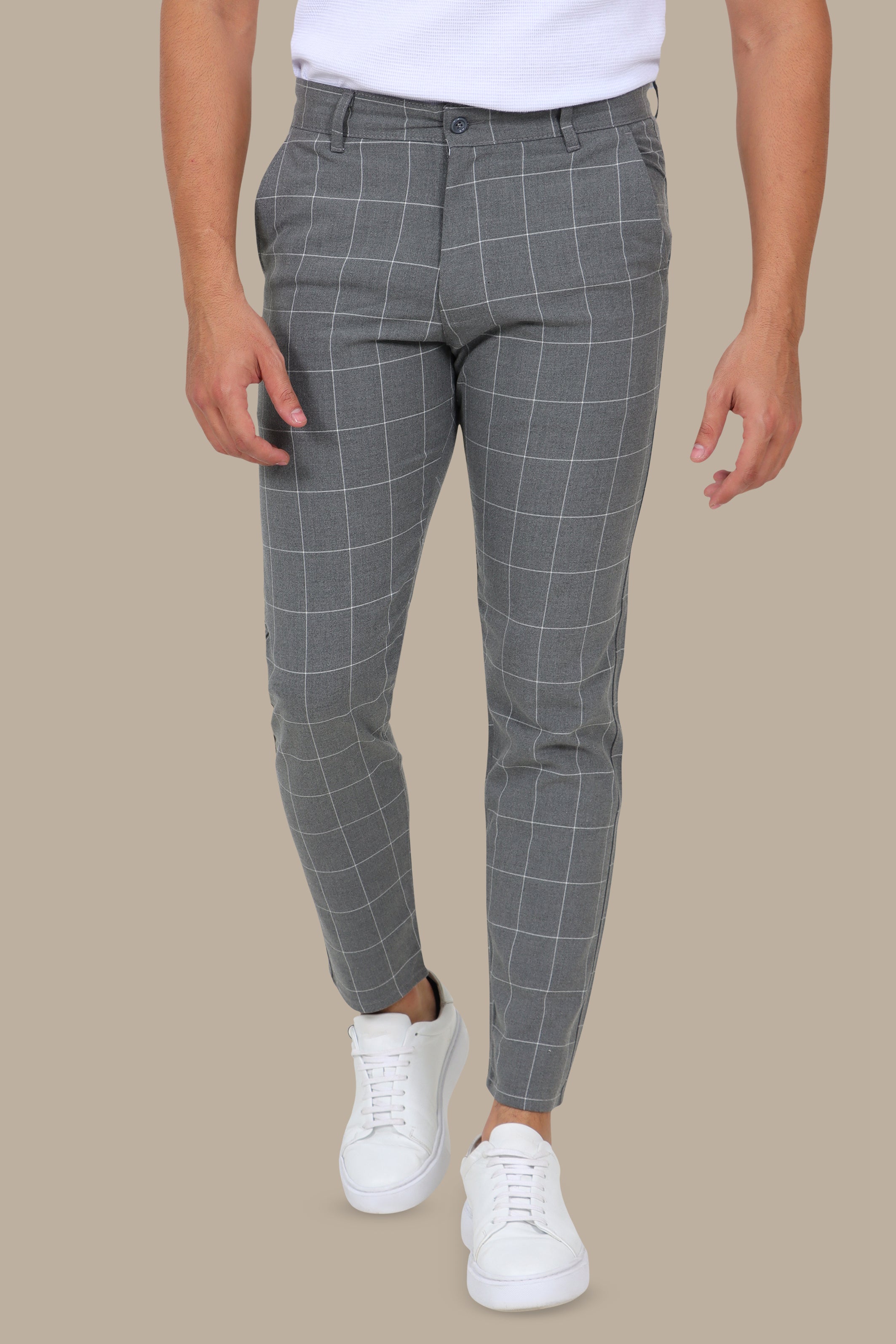 Grey Slim Fit Checked Fashion Trousers