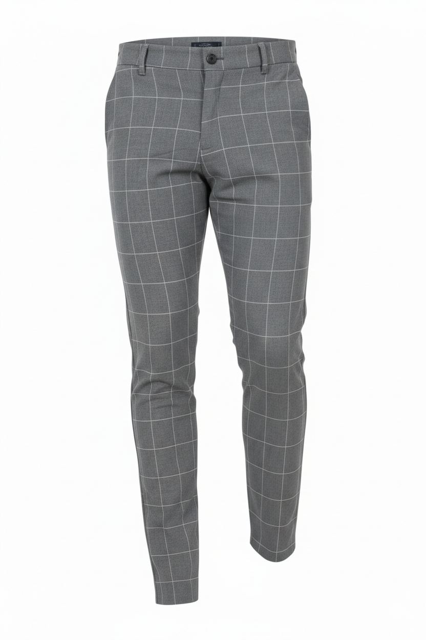 Grey Slim Fit Checked Fashion Trousers