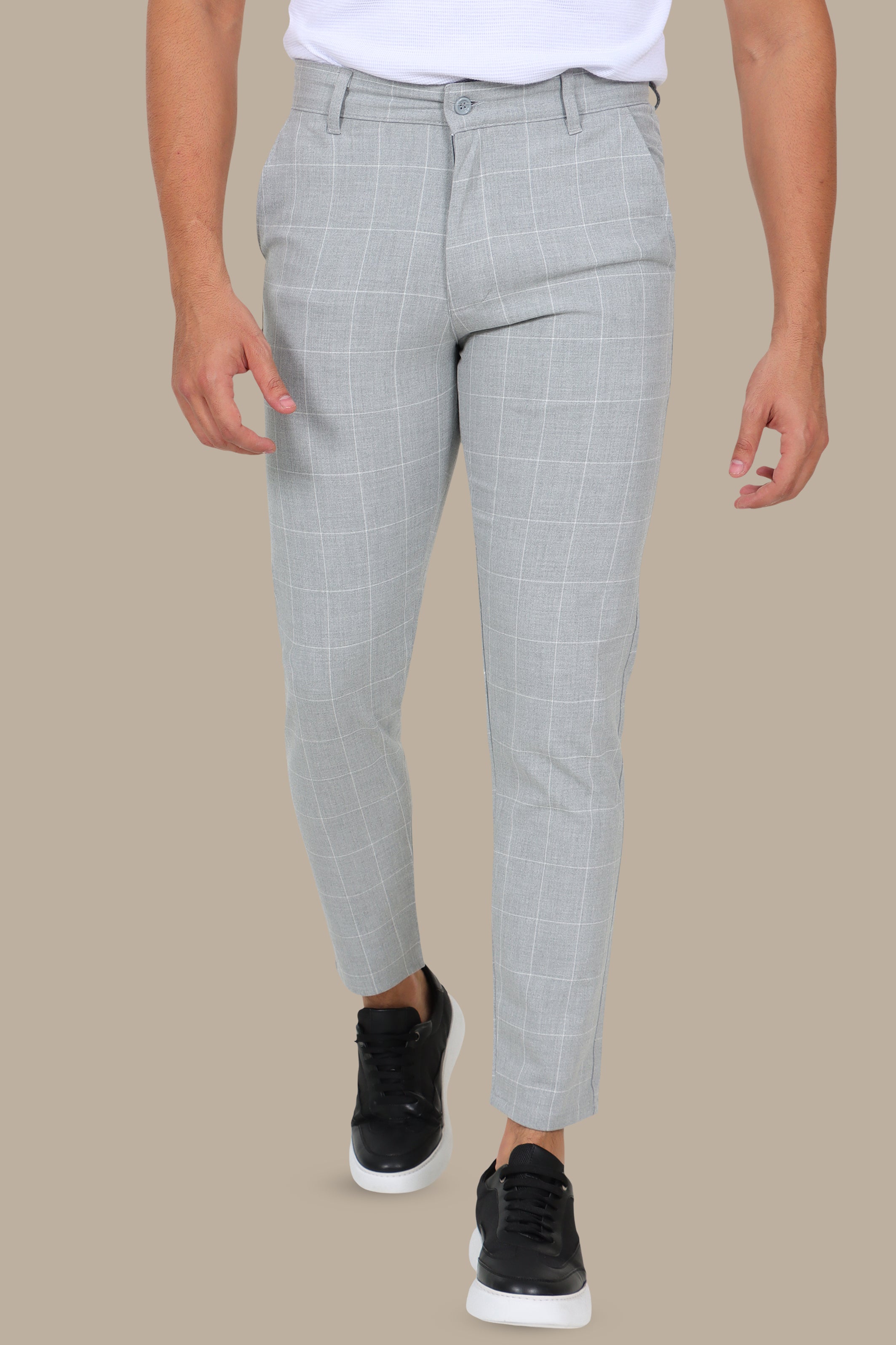 Light Grey Slim Fit Checked Fashion Trousers