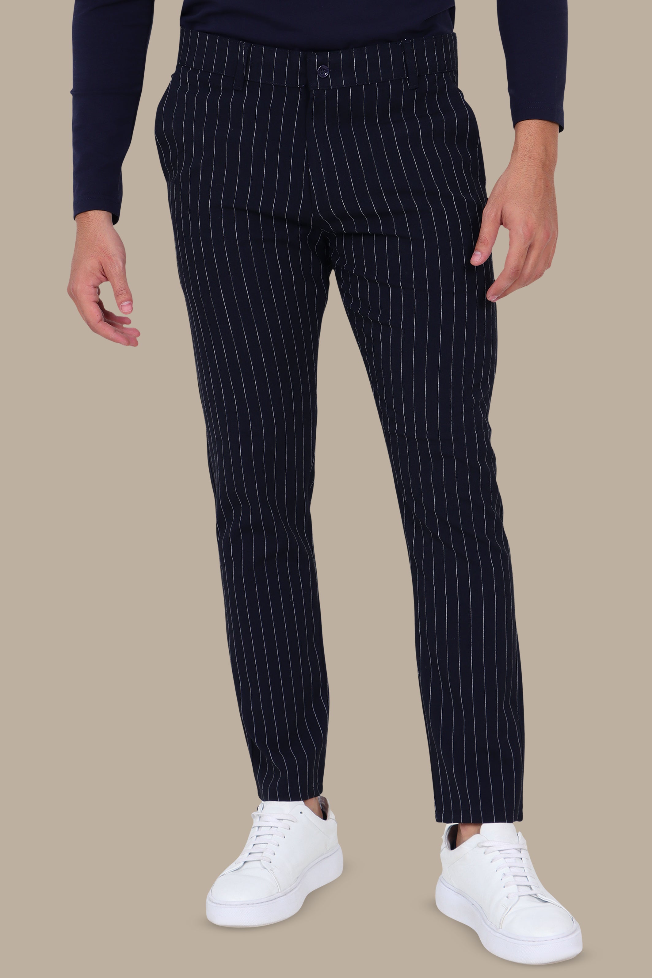Navy Slim Fit Striped Fashion Trousers