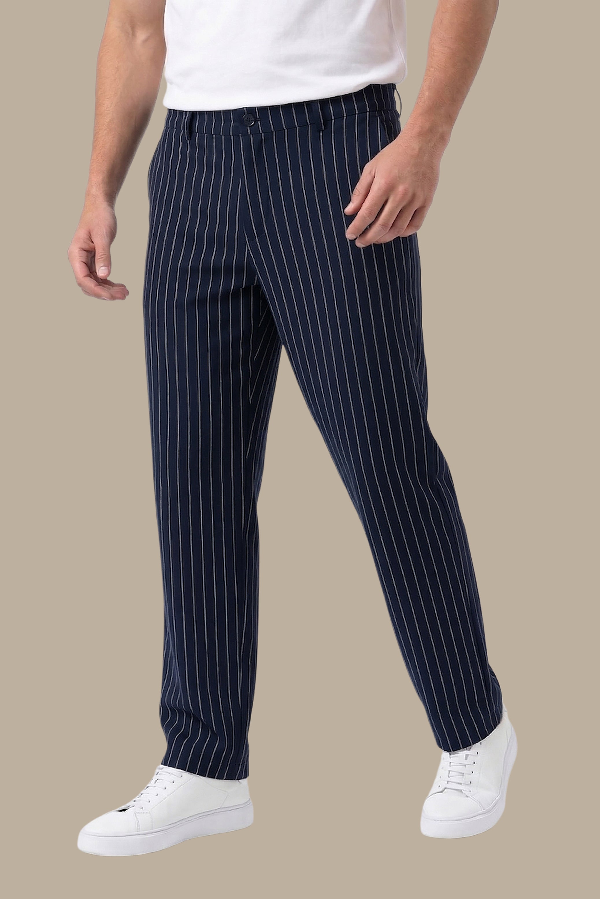 Navy Slim Fit Striped Fashion Trousers