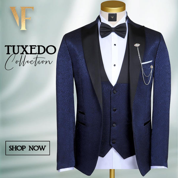 Elegant Navy Tuxedo Jacquard 4-Piece Set