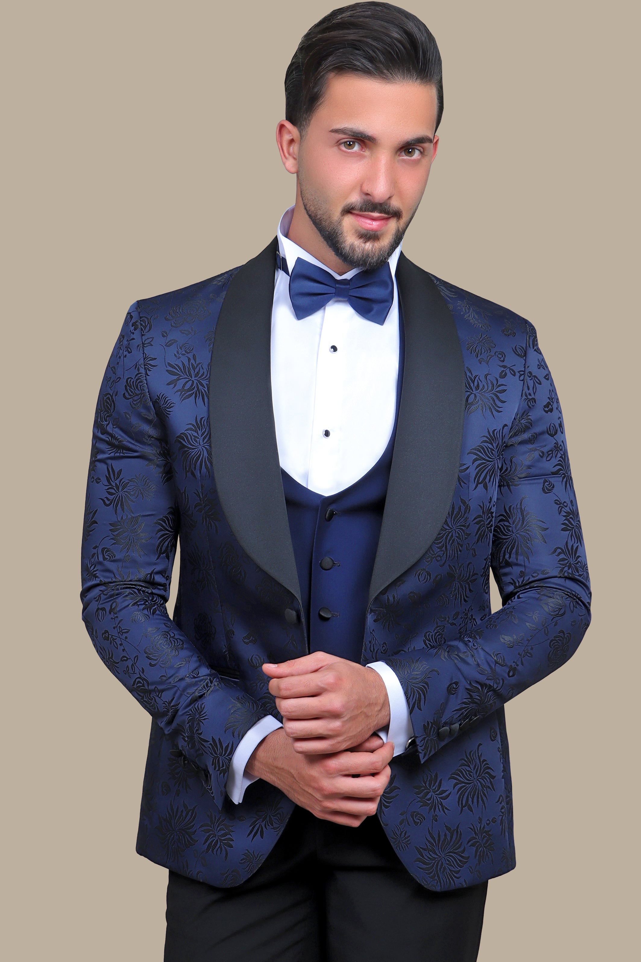 Floral Fusion: FV Tuxedo with Blue & Black Printed Col Chale