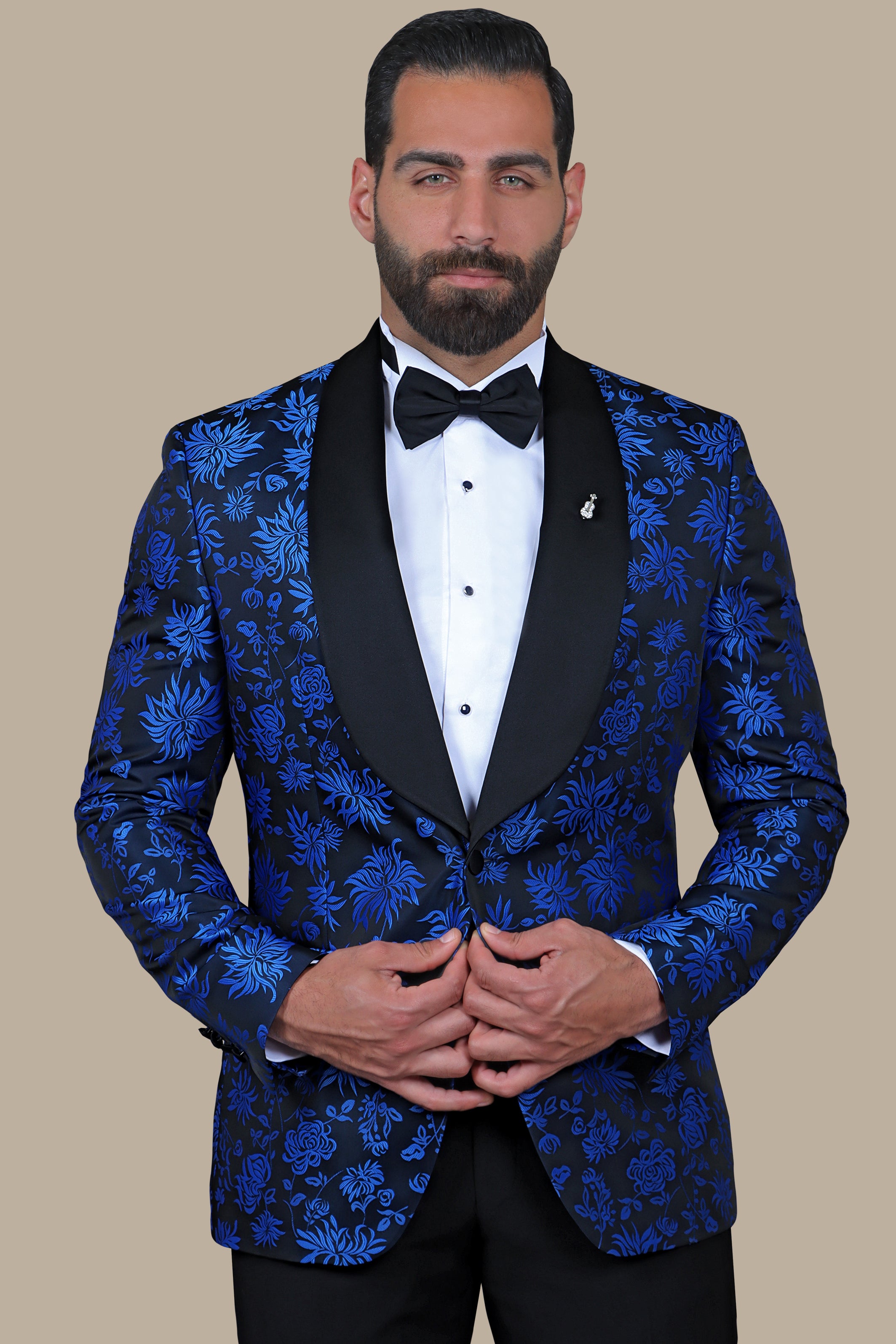 Floral Fusion: FV Tuxedo with Blue & Black Printed Col Chale