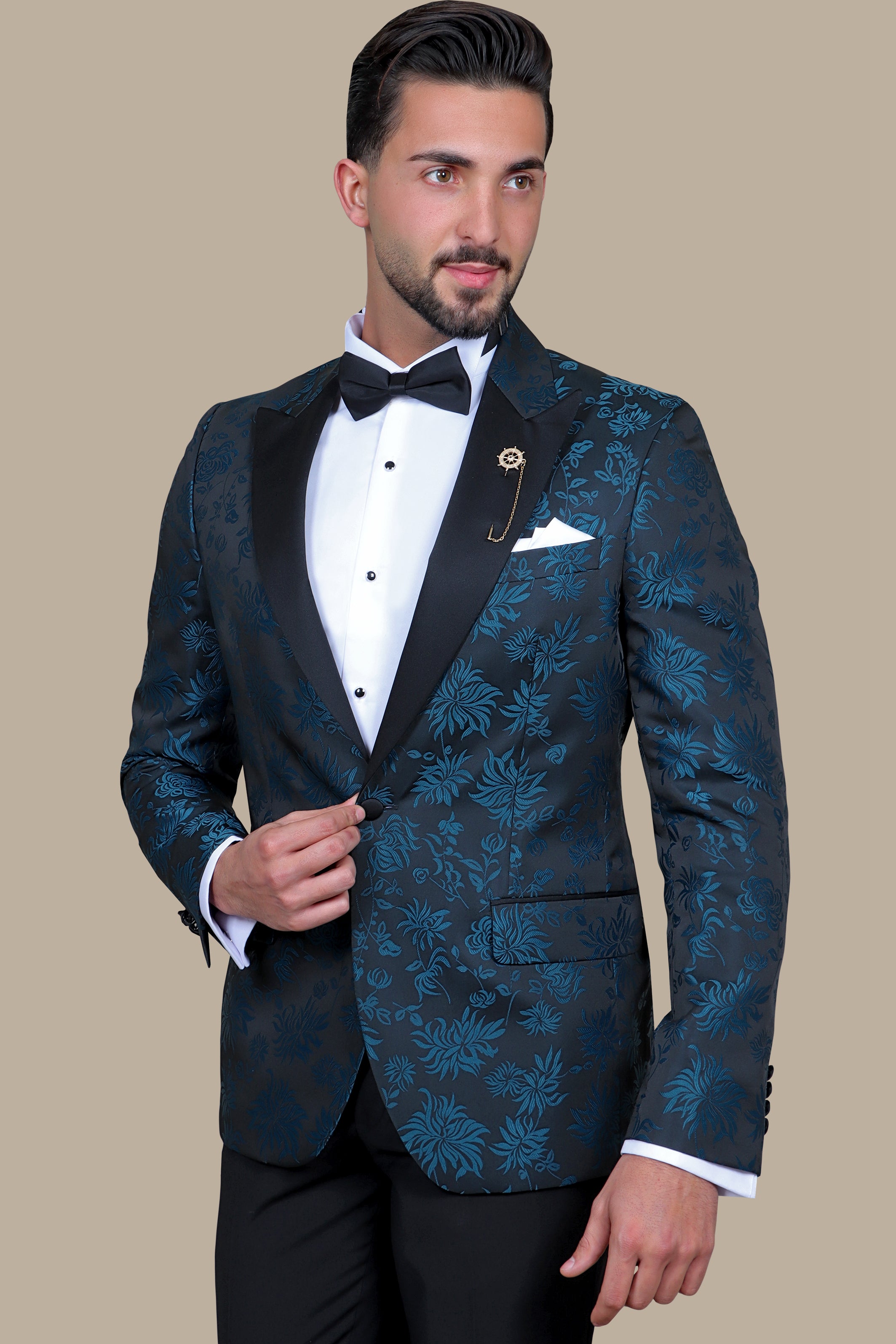 Classic Elegance: Petrol Black Jacquard Tuxedo"