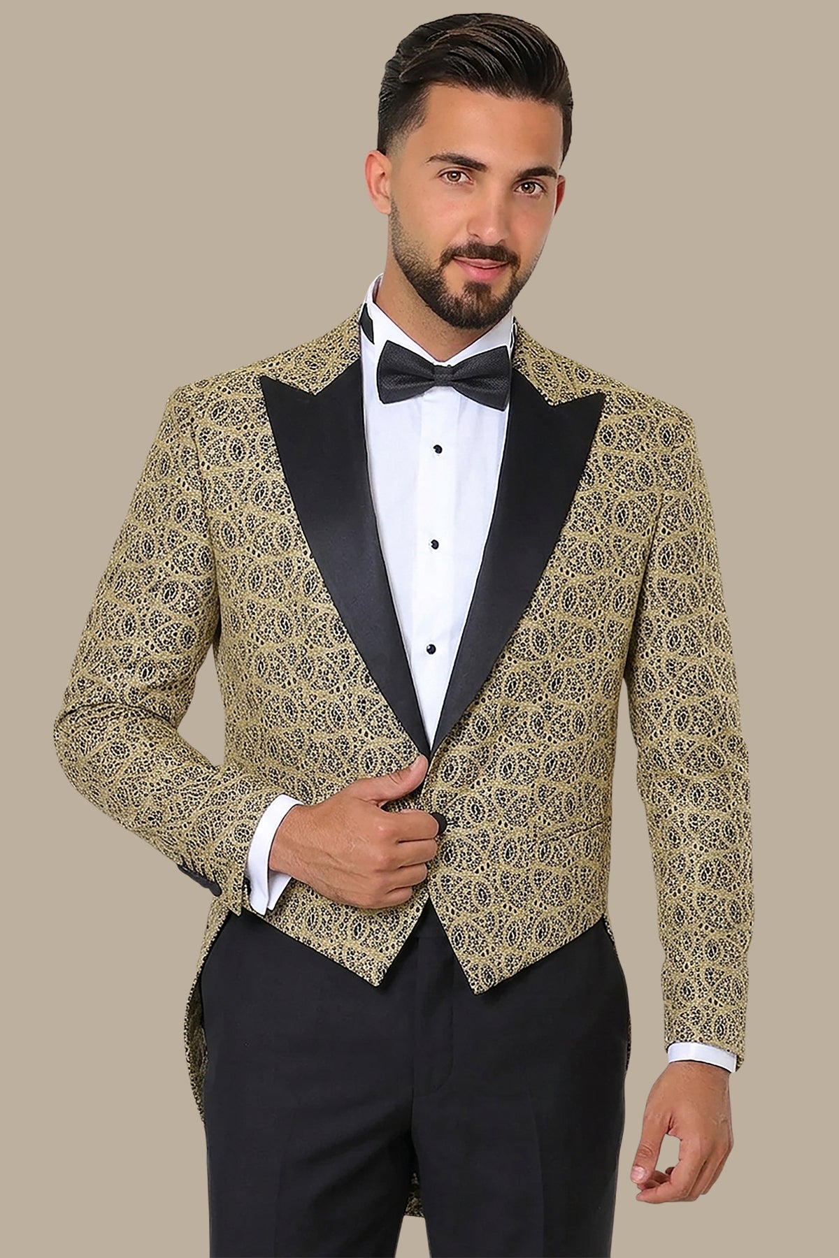 Regal Radiance: The Majestic Gold-Infused Tuxedo Tailcoat - A Symphony of Luxury and Style