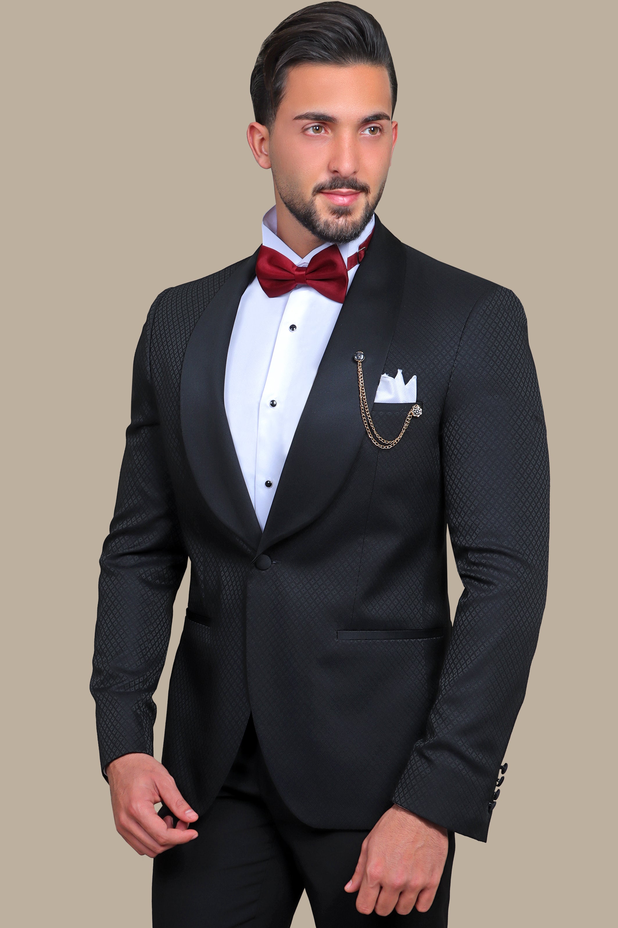 Timeless Opulence: Special FV Collection 3-Piece Black Tie Tuxedo with Distinctive Pattern