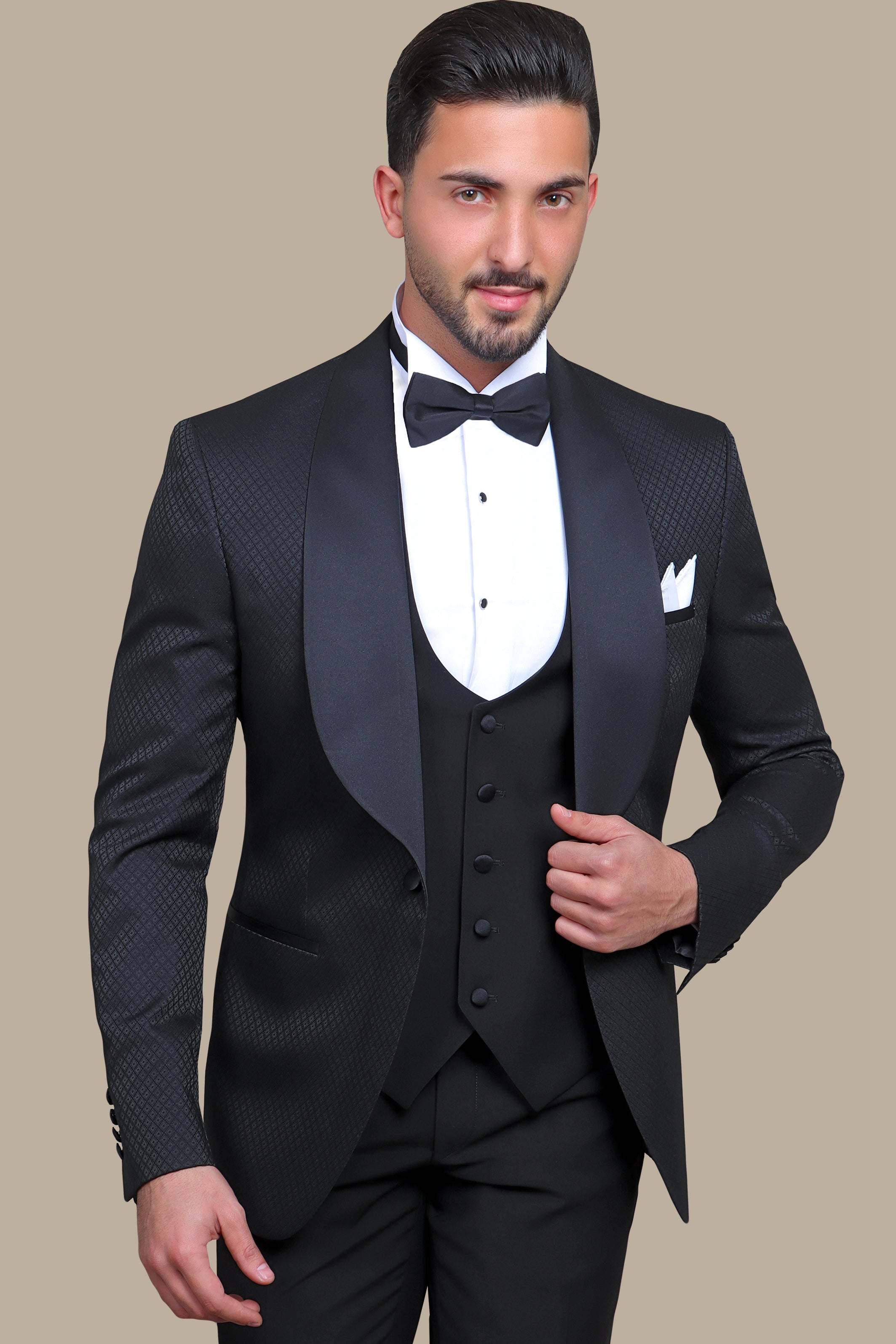 Timeless Opulence: Special FV Collection 3-Piece Black Tie Tuxedo with Distinctive Pattern