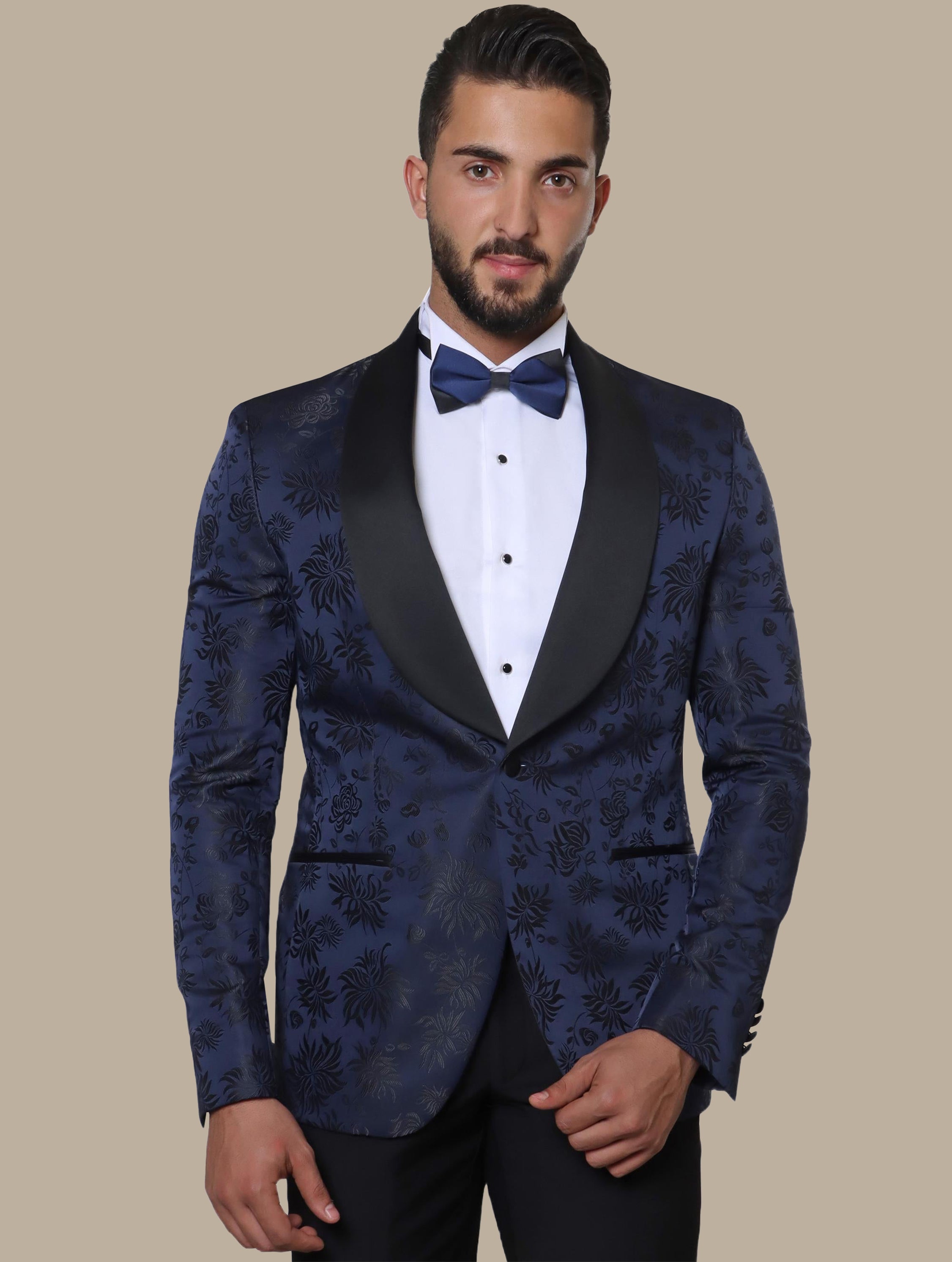 Navy Bloom: FV Tuxedo with Wide Col Chale Floral Print