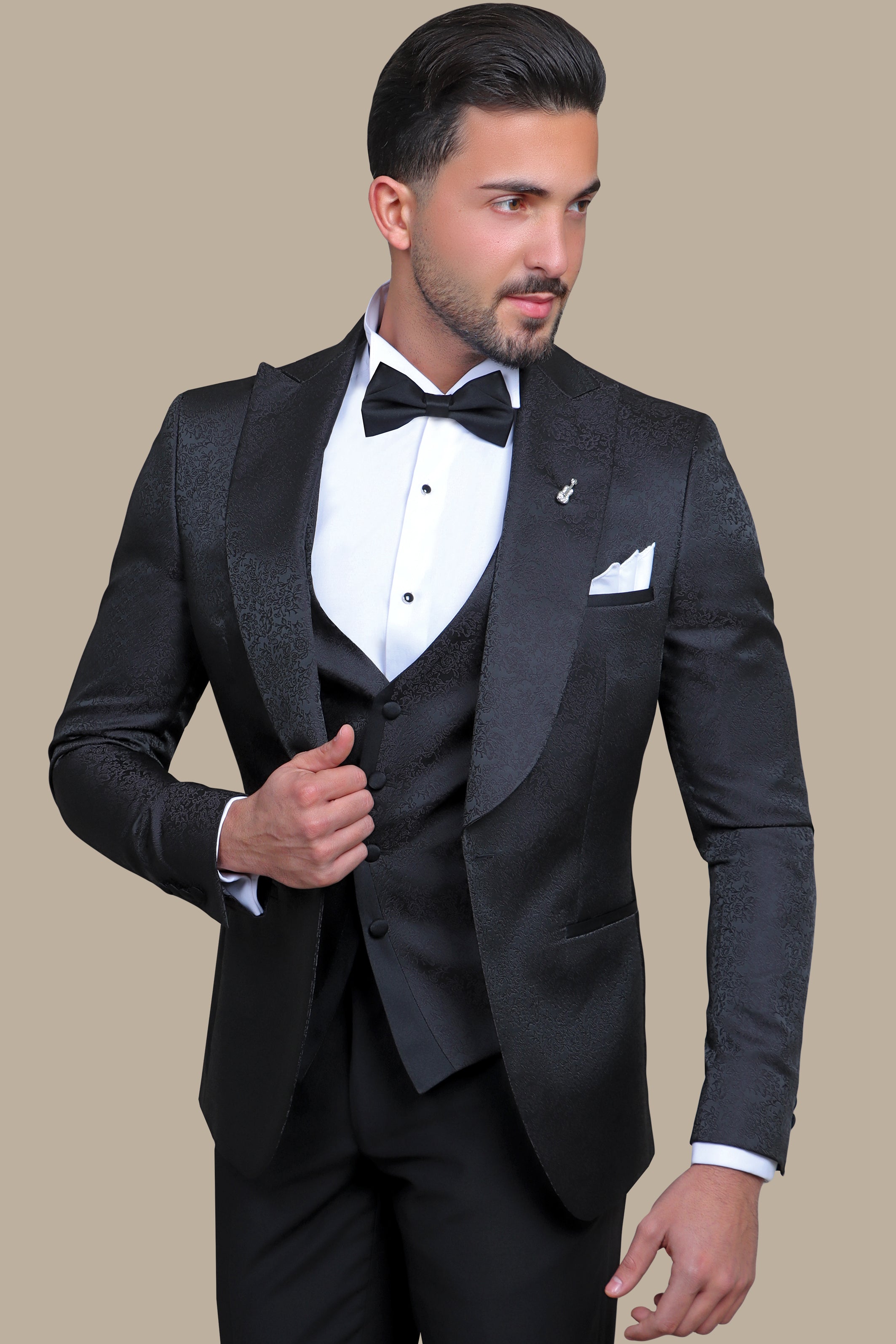 Floral Noir: FV Special Collection Tuxedo Suit in Black