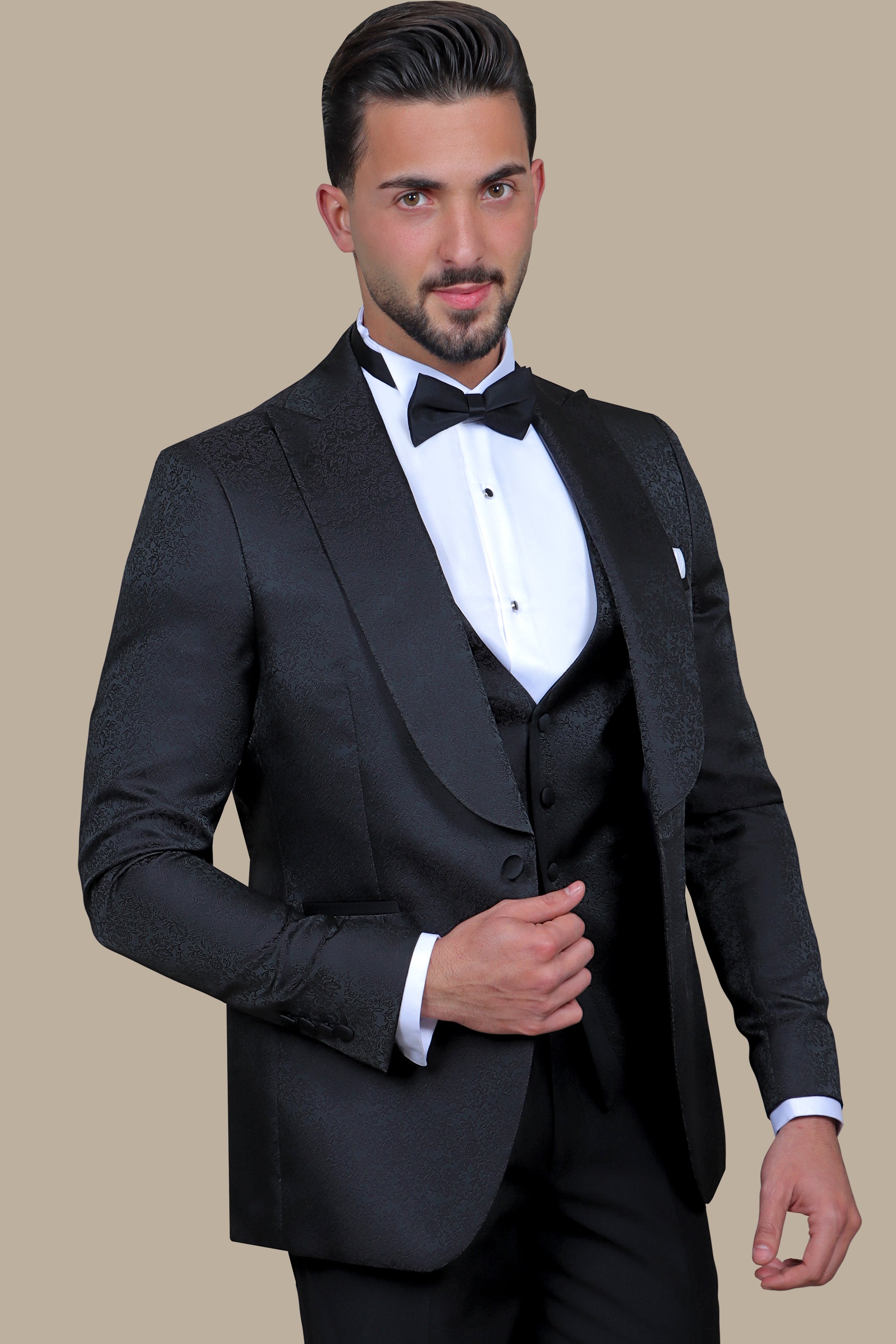 Floral Noir: FV Special Collection Tuxedo Suit in Black