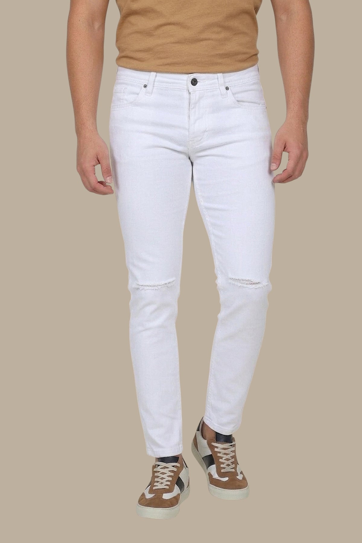 White Slim Fit Jeans with Knee Rips