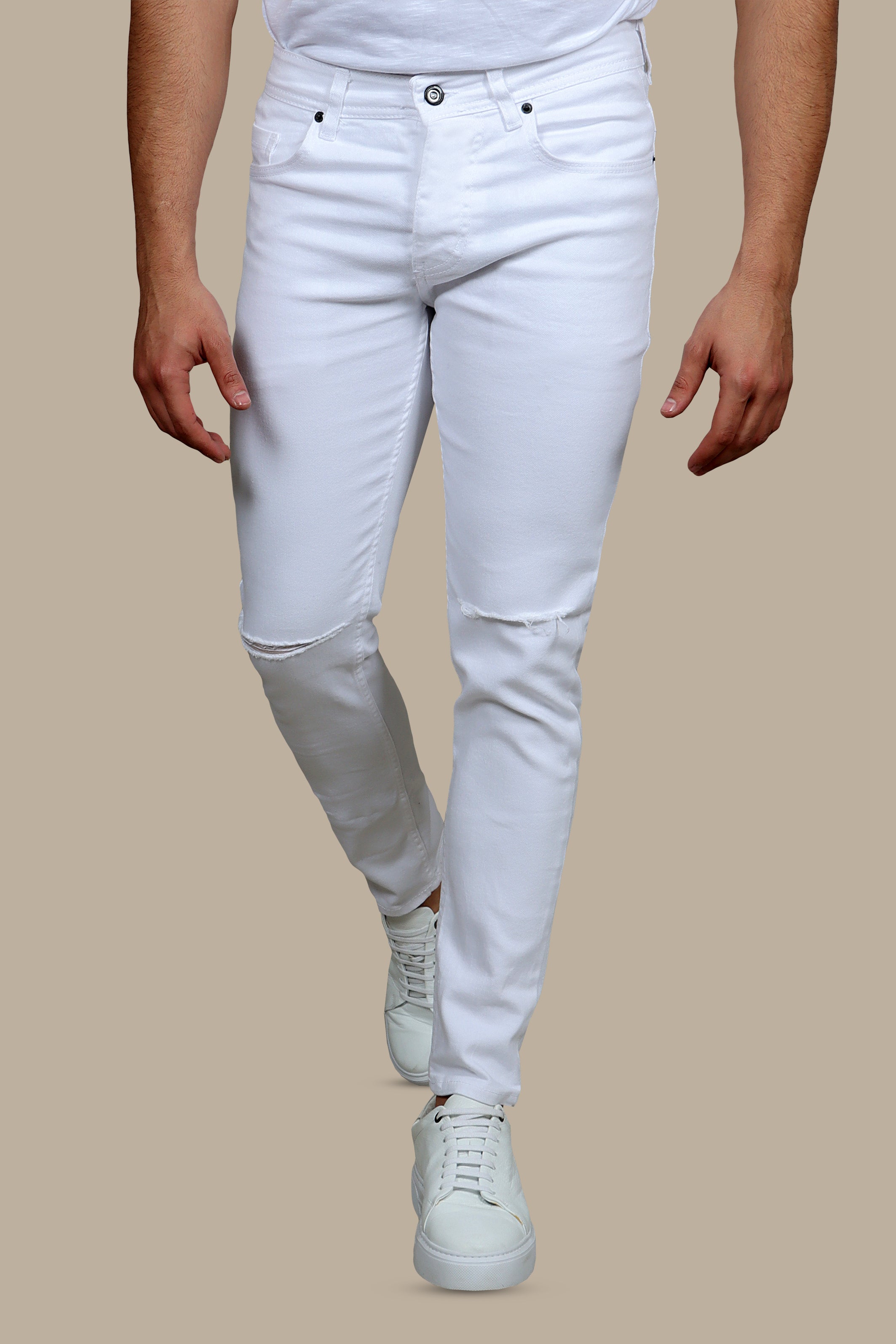 White Slim Fit Jeans with Knee Rips