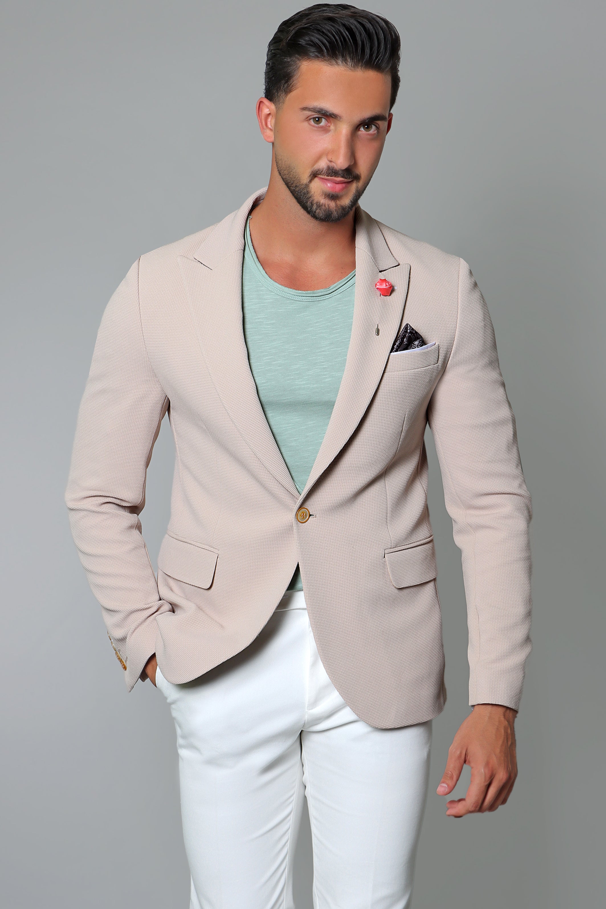 Classic Chic: Beige Structured Peak Lapel Blazer