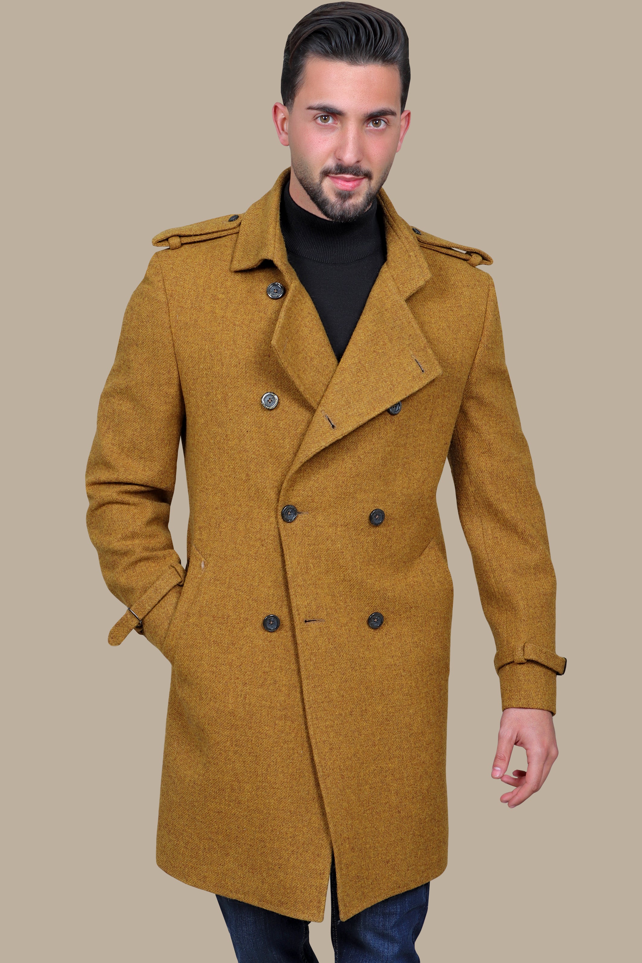 Commanding Style: Double-Breasted Military Mustard Coat