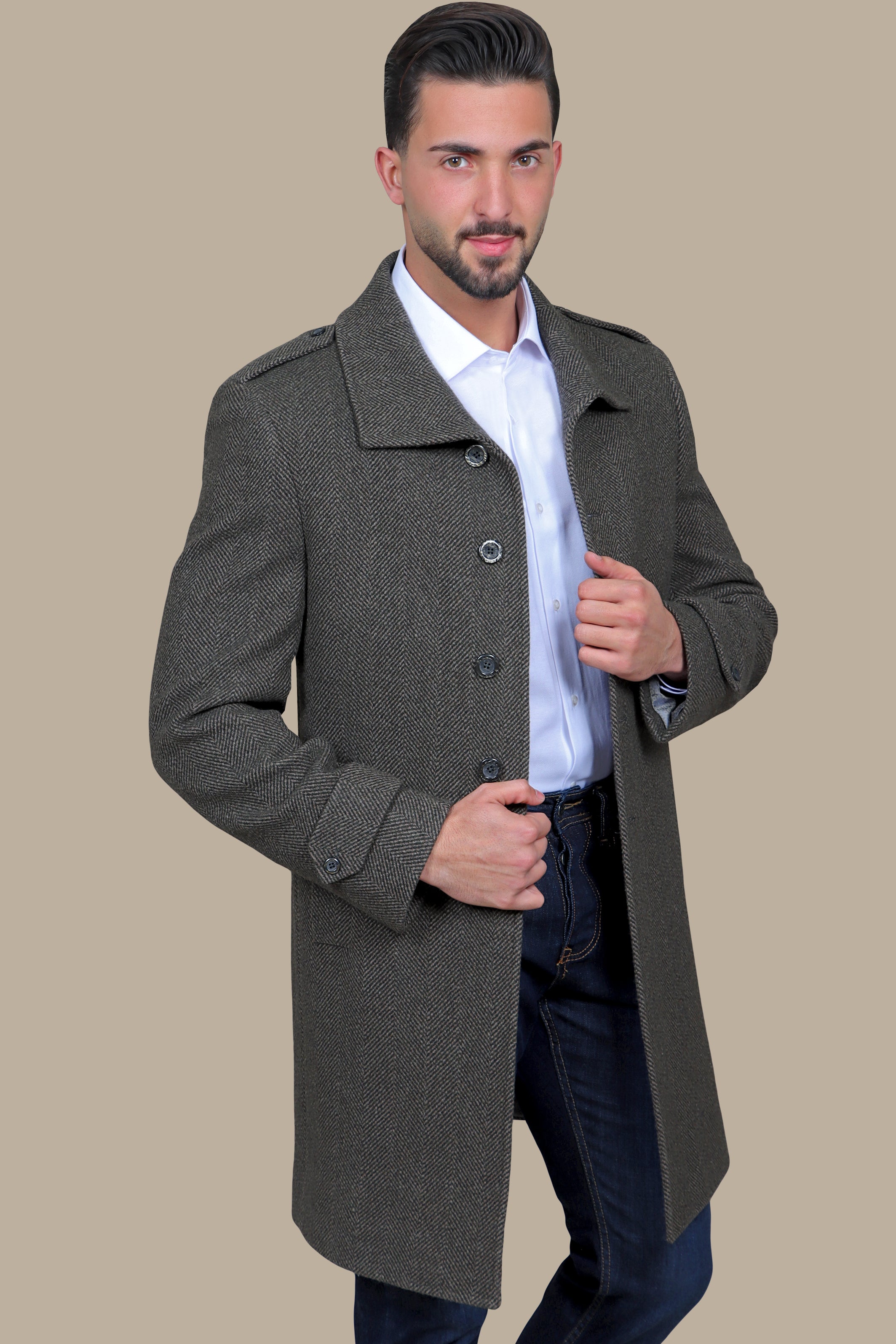 Commanding Style: Military Herringbone Light Green Coat with Shirt Collar