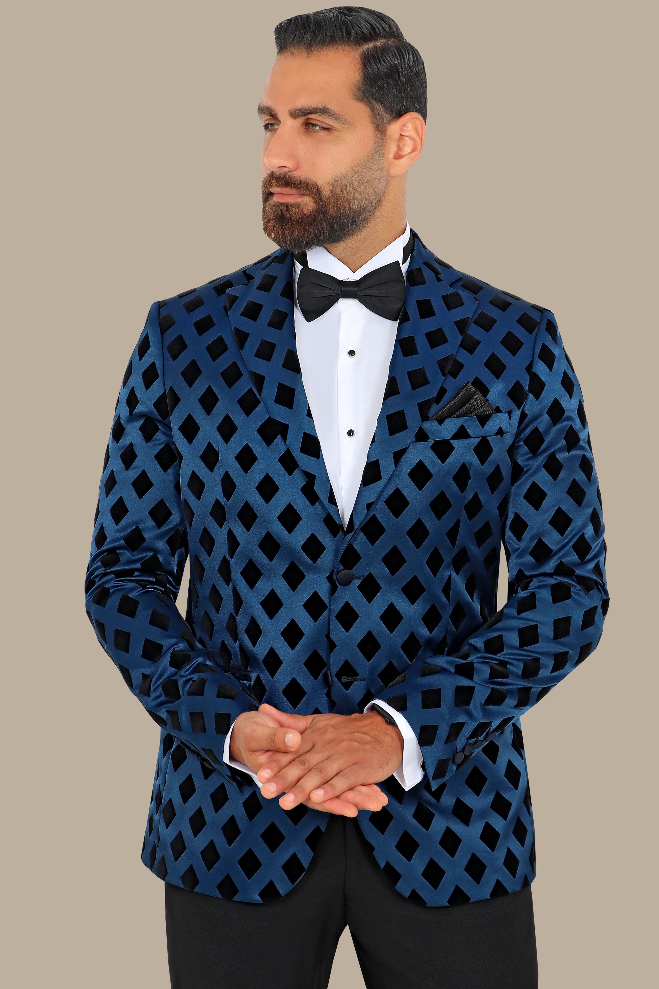 Smoked Blue Elegance: FV Special Collection Blazer with Black Lozenge Print