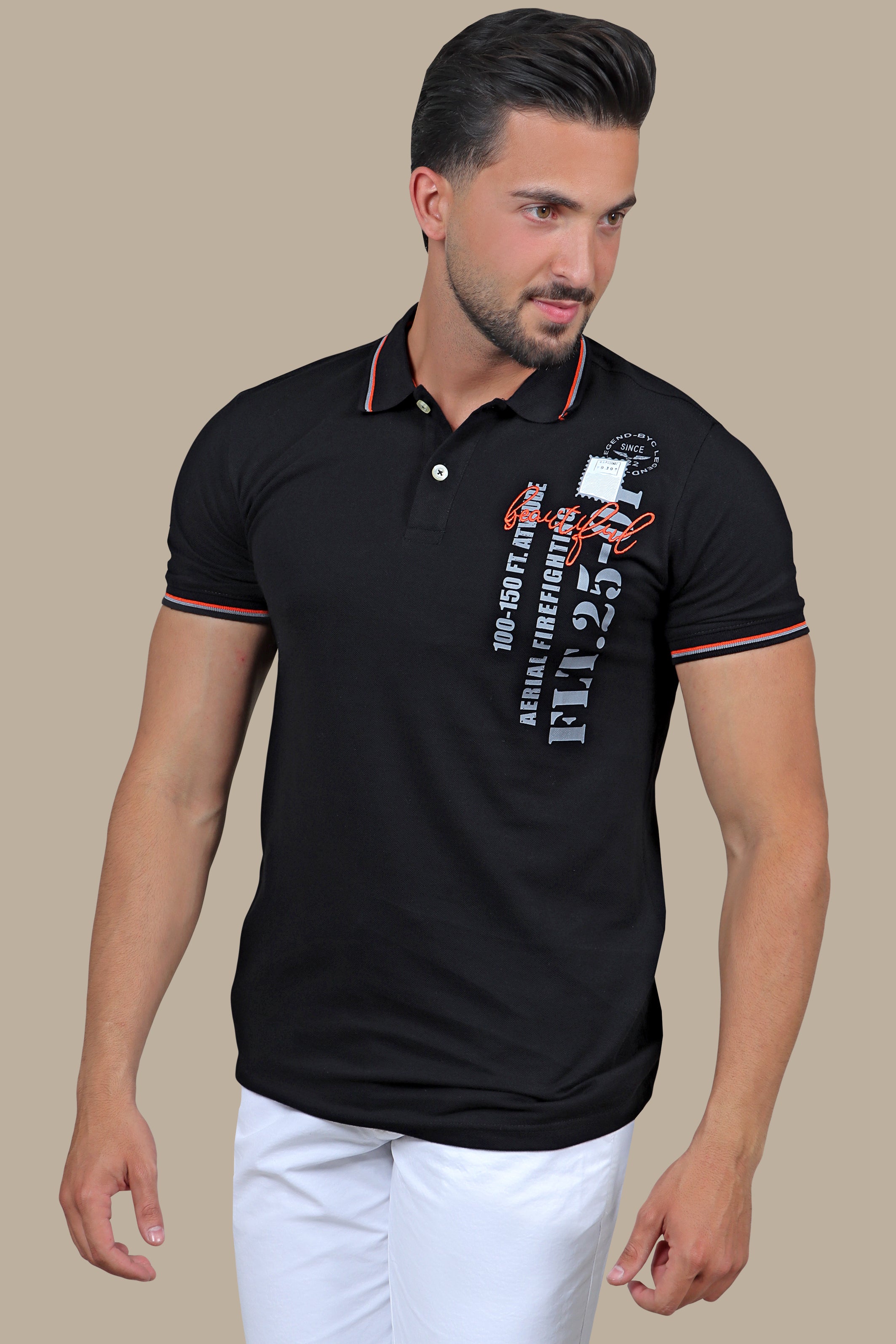 Chic Canvas: Black Polo with Beautiful Printed Patches