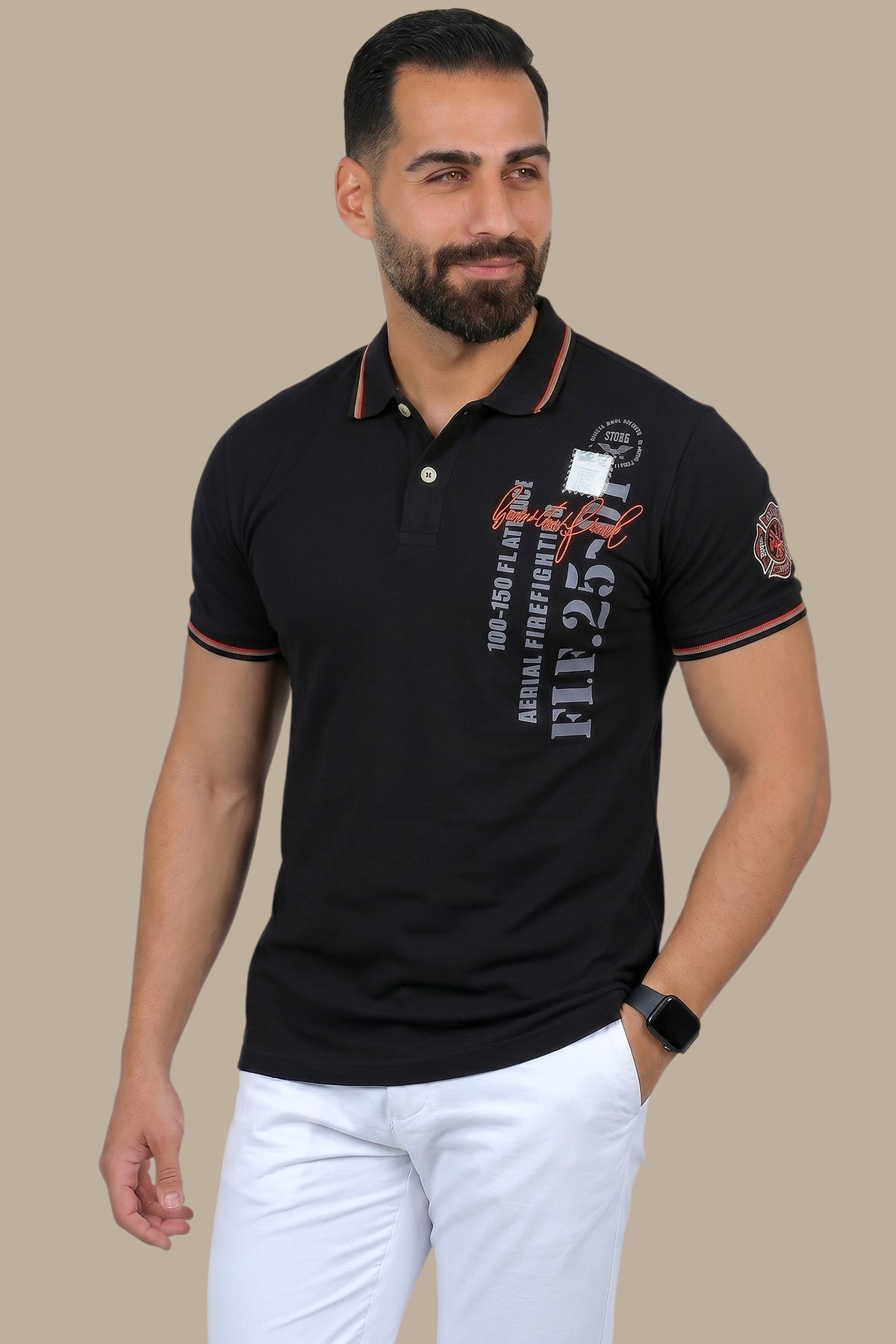 Chic Canvas: Black Polo with Beautiful Printed Patches